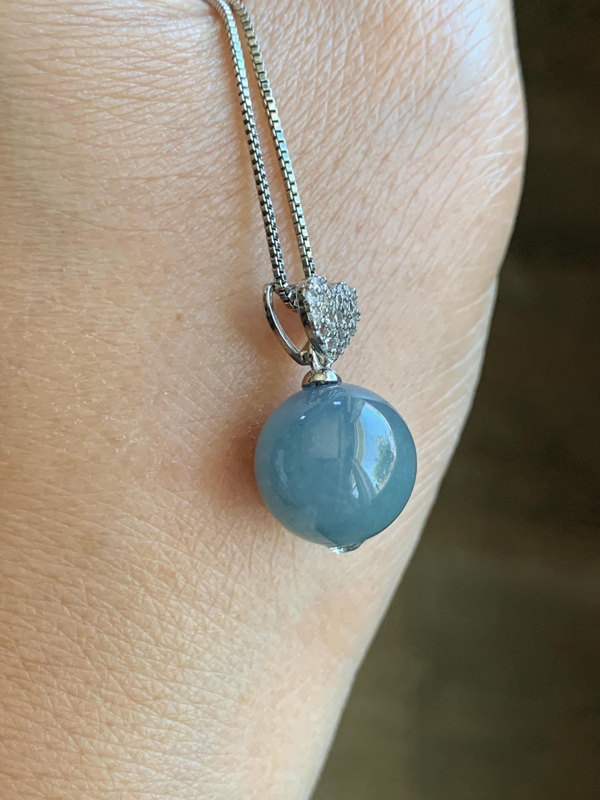 Natural Grade A Guatemalan Icy Translucent Dusty Teal Blue Jade Jadeite Bead Sphere Pendant Sterling Silver 4g 天然冰危蓝翡翠单珠镶嵌吊坠 WLZ75