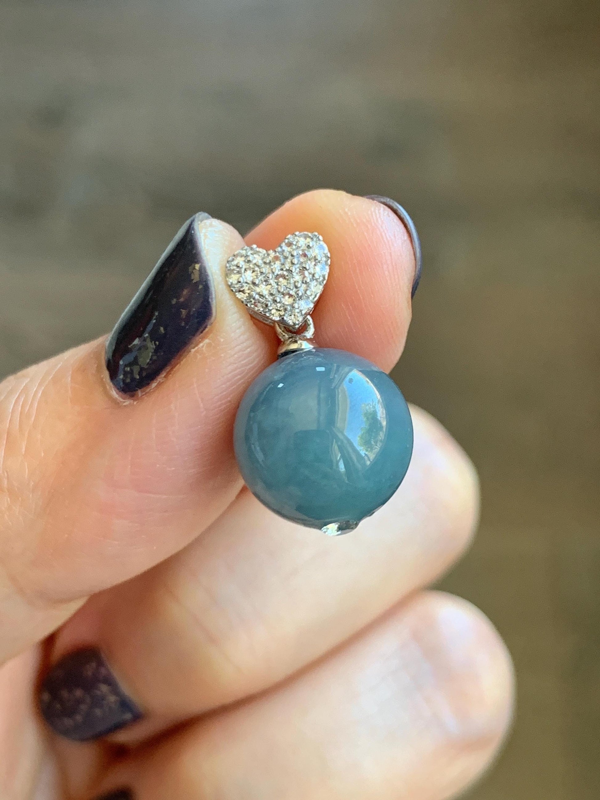 Natural Grade A Guatemalan Icy Translucent Dusty Teal Blue Jade Jadeite Bead Sphere Pendant Sterling Silver 4g 天然冰危蓝翡翠单珠镶嵌吊坠 WLZ75