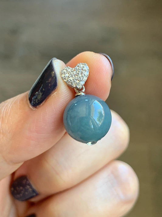 Natural Grade A Guatemalan Icy Translucent Dusty Teal Blue Jade Jadeite Bead Sphere Pendant Sterling Silver 4g 天然冰危蓝翡翠单珠镶嵌吊坠 WLZ75