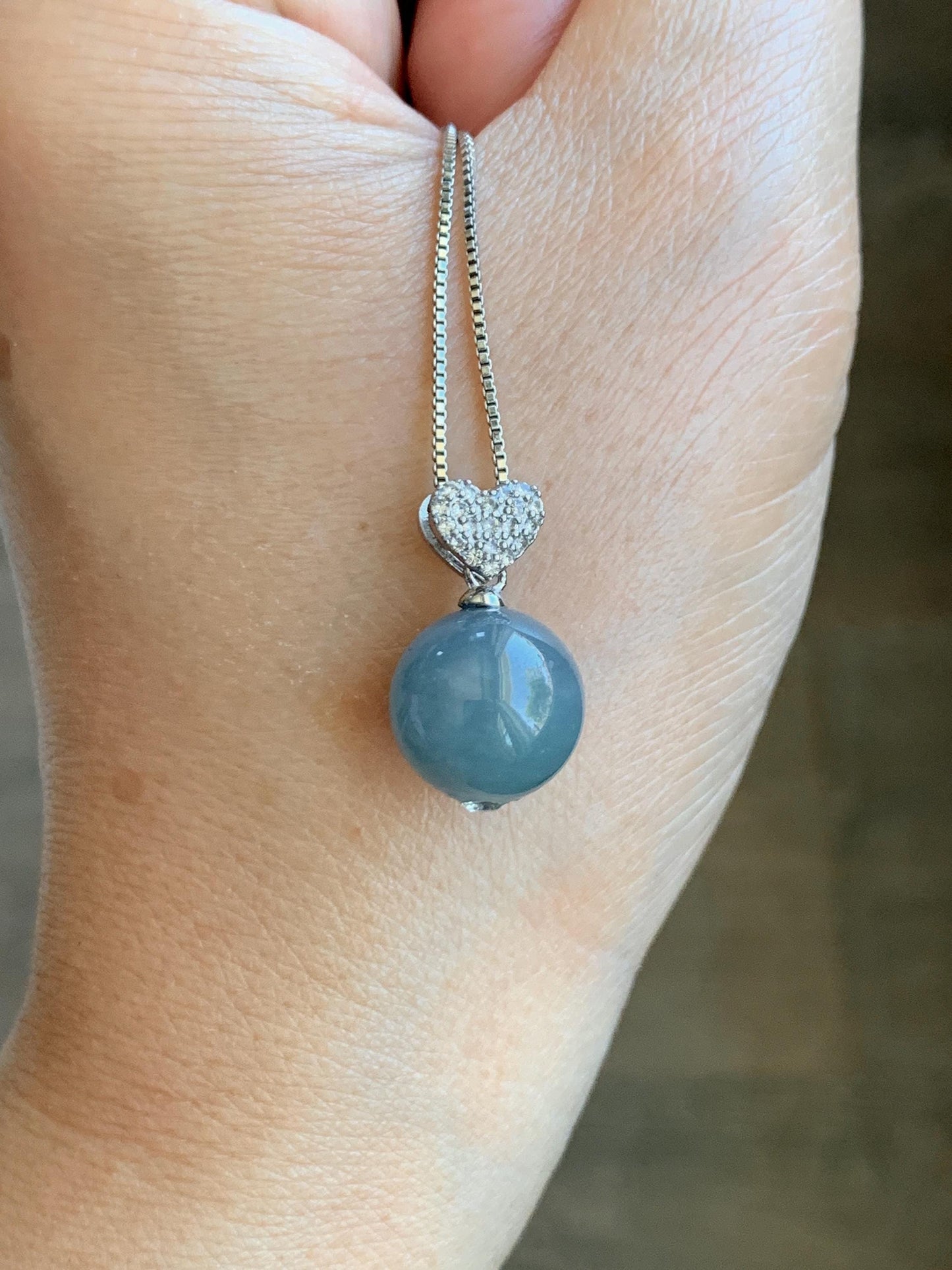 Natural Grade A Guatemalan Icy Translucent Dusty Teal Blue Jade Jadeite Bead Sphere Pendant Sterling Silver 4g 天然冰危蓝翡翠单珠镶嵌吊坠 WLZ75