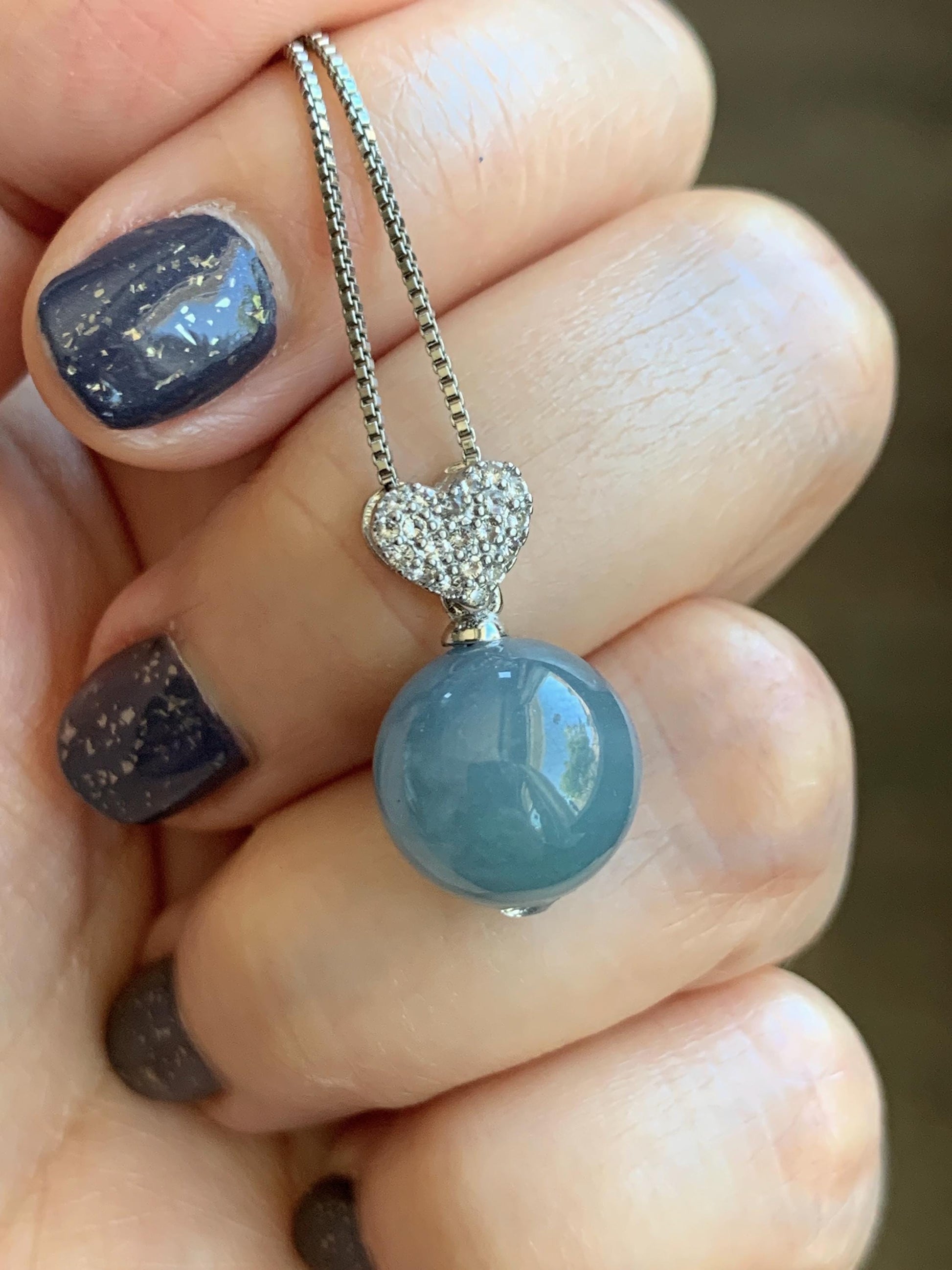 Natural Grade A Guatemalan Icy Translucent Dusty Teal Blue Jade Jadeite Bead Sphere Pendant Sterling Silver 4g 天然冰危蓝翡翠单珠镶嵌吊坠 WLZ75