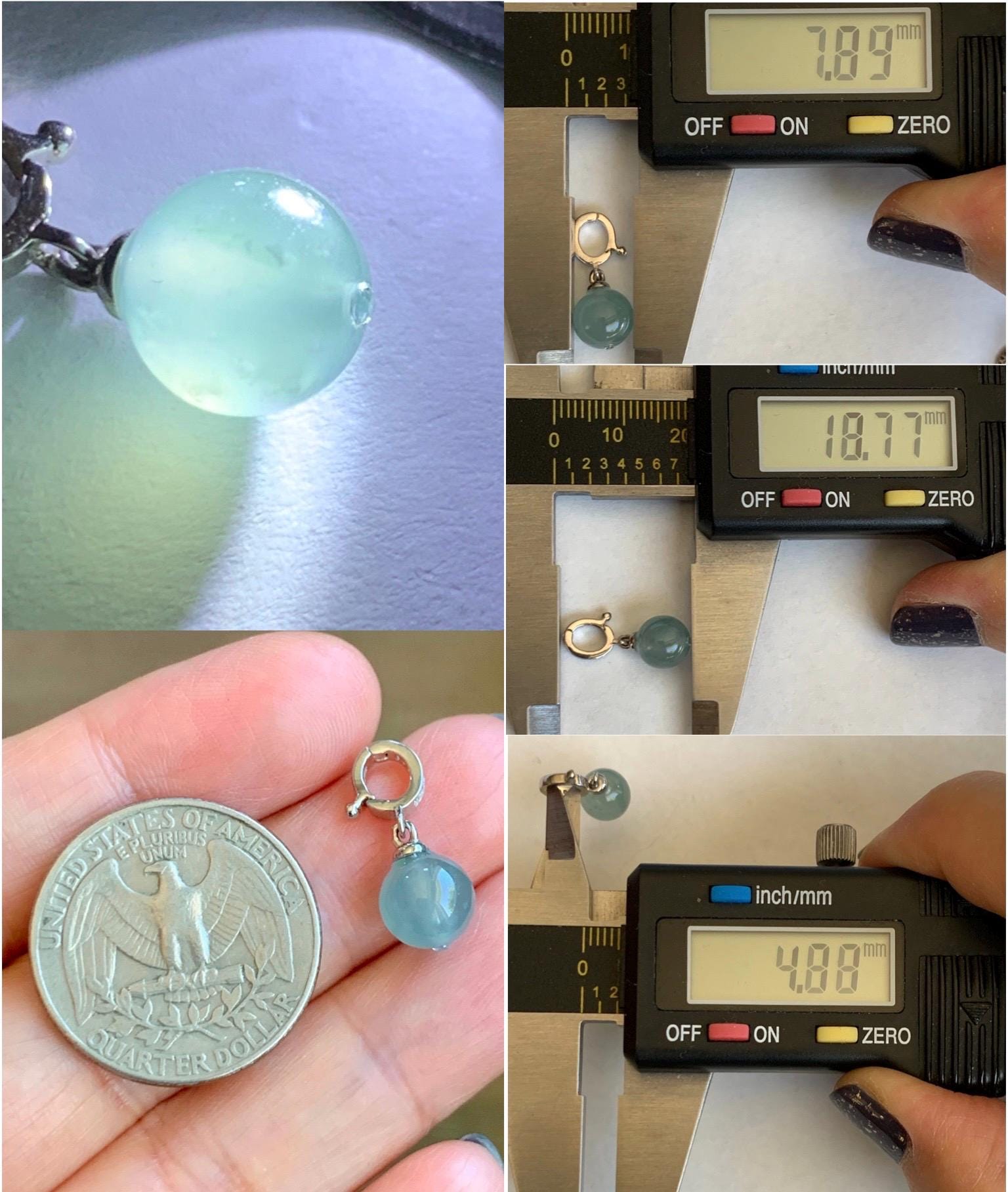 Natural Grade A Guatemalan Icy Highly Translucent Light Teal Blue Jade Jadeite Bead Sphere Pendant Sterling Silver 天然冰危浅蓝绿翡翠单珠镶嵌吊坠 QWL138