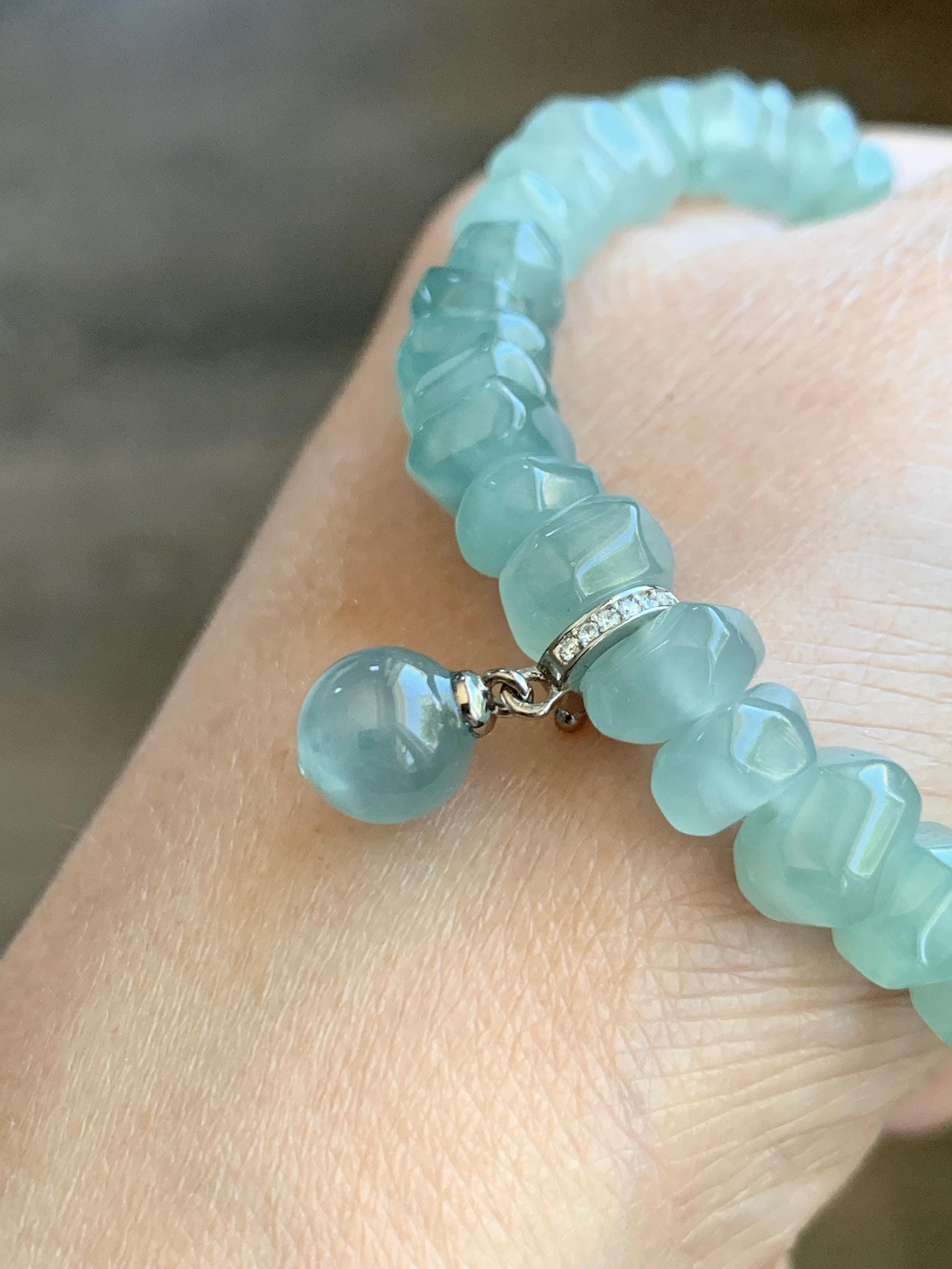 Natural Grade A Guatemalan Icy Highly Translucent Light Teal Blue Jade Jadeite Bead Sphere Pendant Sterling Silver 天然冰危浅蓝绿翡翠单珠镶嵌吊坠 QWL138