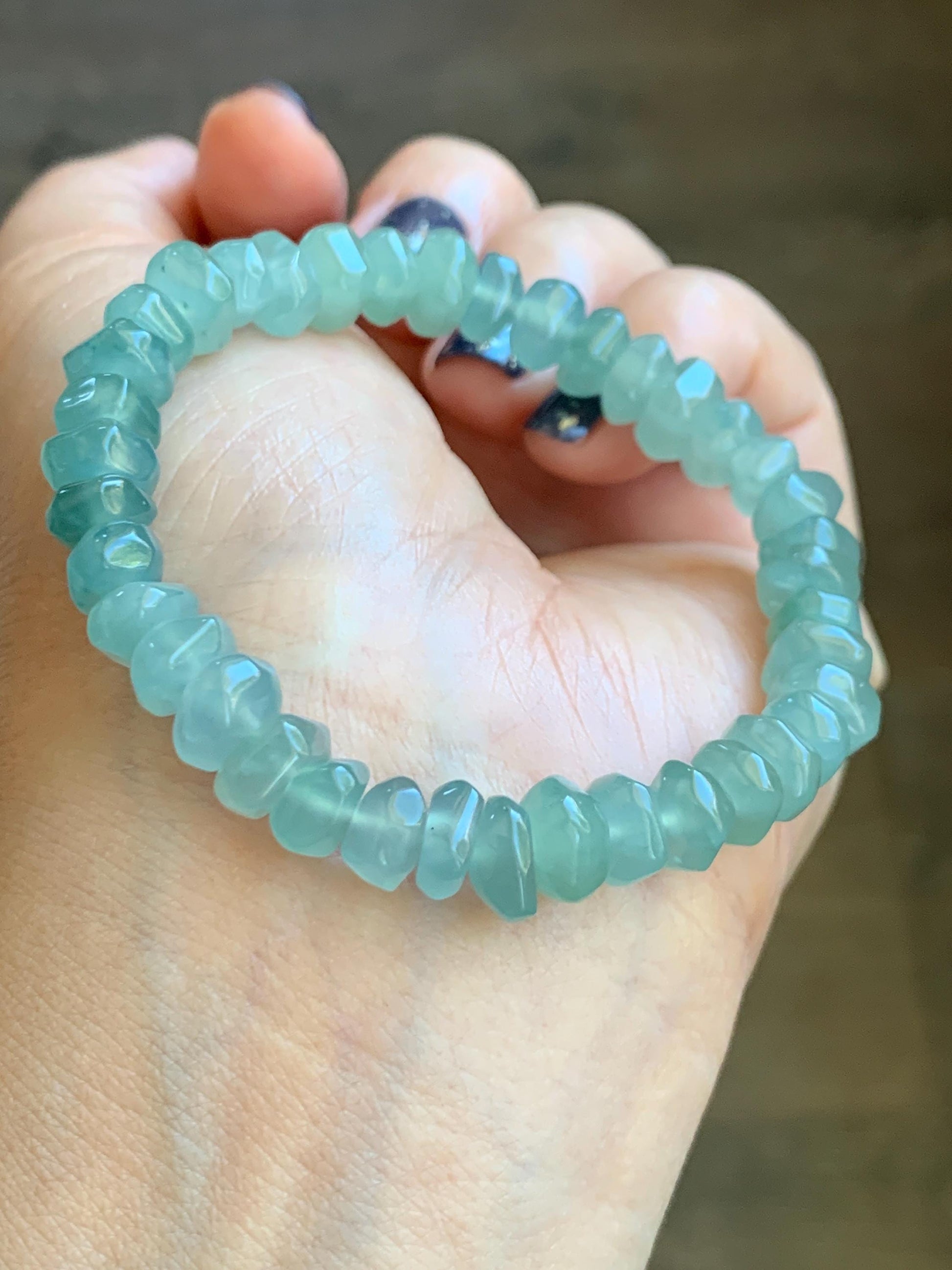 Natural Grade A Guatemalan Icy Highly Translucent Light Teal Jadeite Pomegranate Nugget Beads Beaded Bracelet 6.75” 天然冰危浅蓝绿翡翠随形珠手串 WSS350