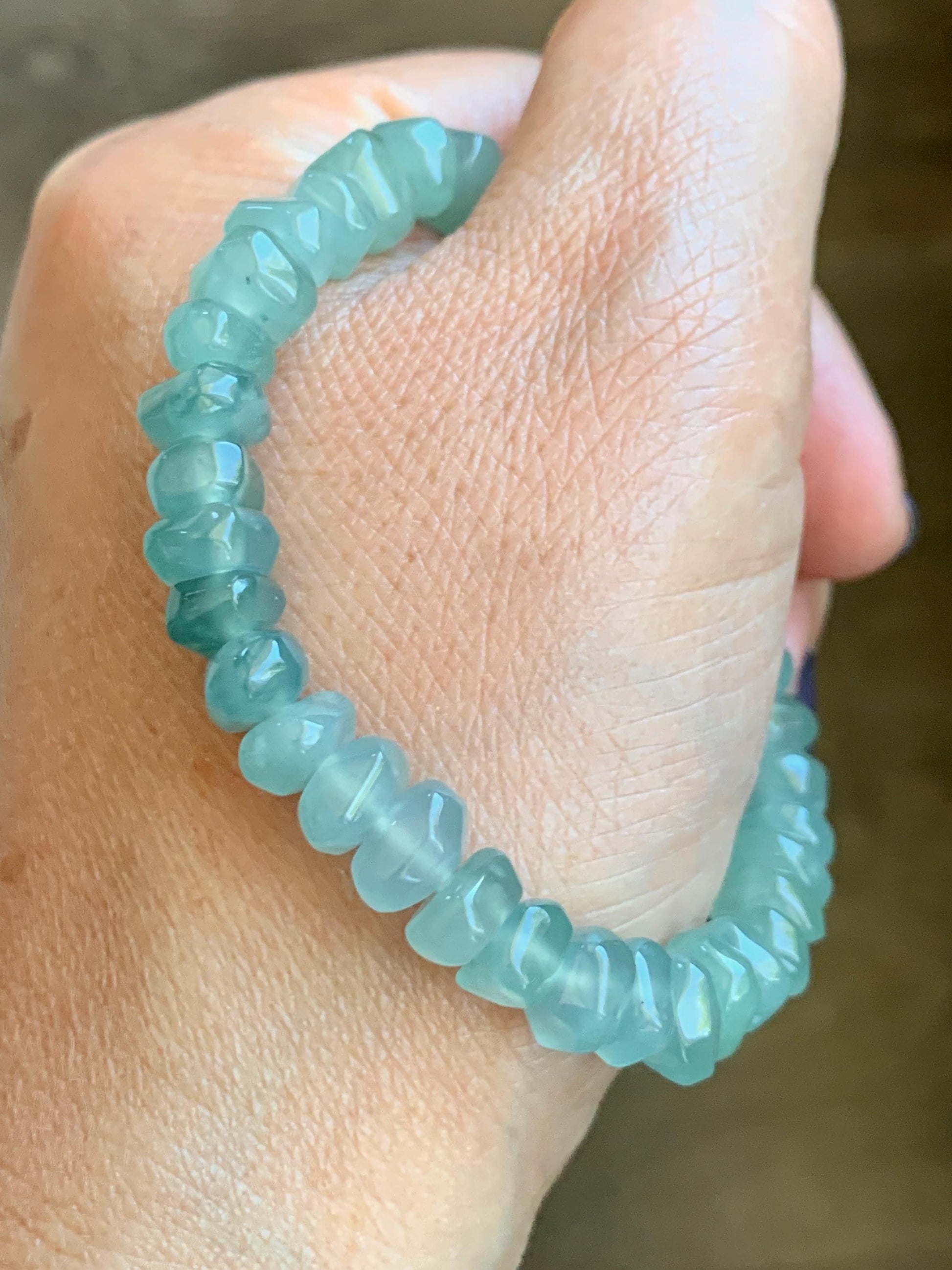 Natural Grade A Guatemalan Icy Highly Translucent Light Teal Jadeite Pomegranate Nugget Beads Beaded Bracelet 6.75” 天然冰危浅蓝绿翡翠随形珠手串 WSS350