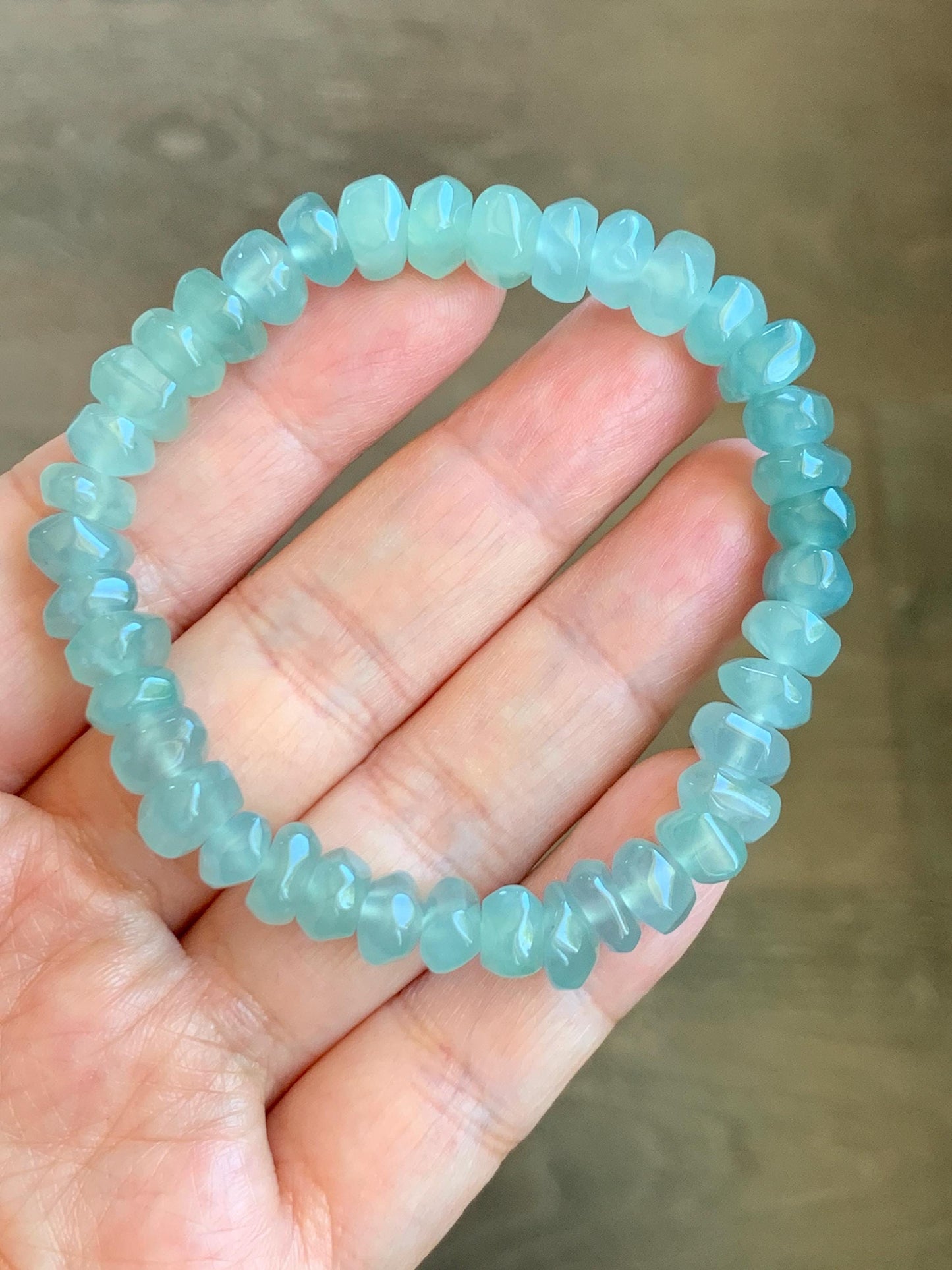 Natural Grade A Guatemalan Icy Highly Translucent Light Teal Jadeite Pomegranate Nugget Beads Beaded Bracelet 6.75” 天然冰危浅蓝绿翡翠随形珠手串 WSS350