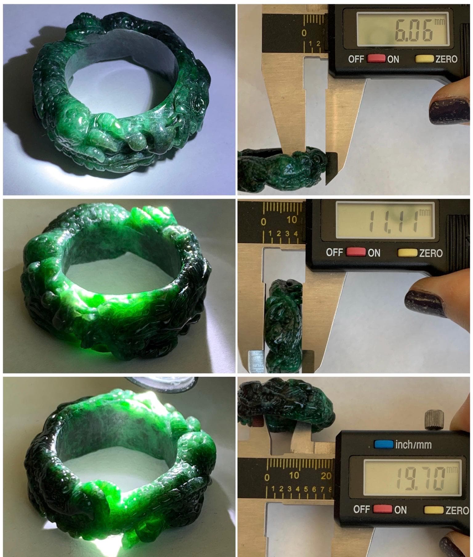 Natural Grade A Semi Translucent Green Wuji Marbled Jade Jadeite Carved Dragon Band Ring size 9.5 US 12g 天然乌鸡绿翡翠盘龙戒圈戒指扳指 LWJ165