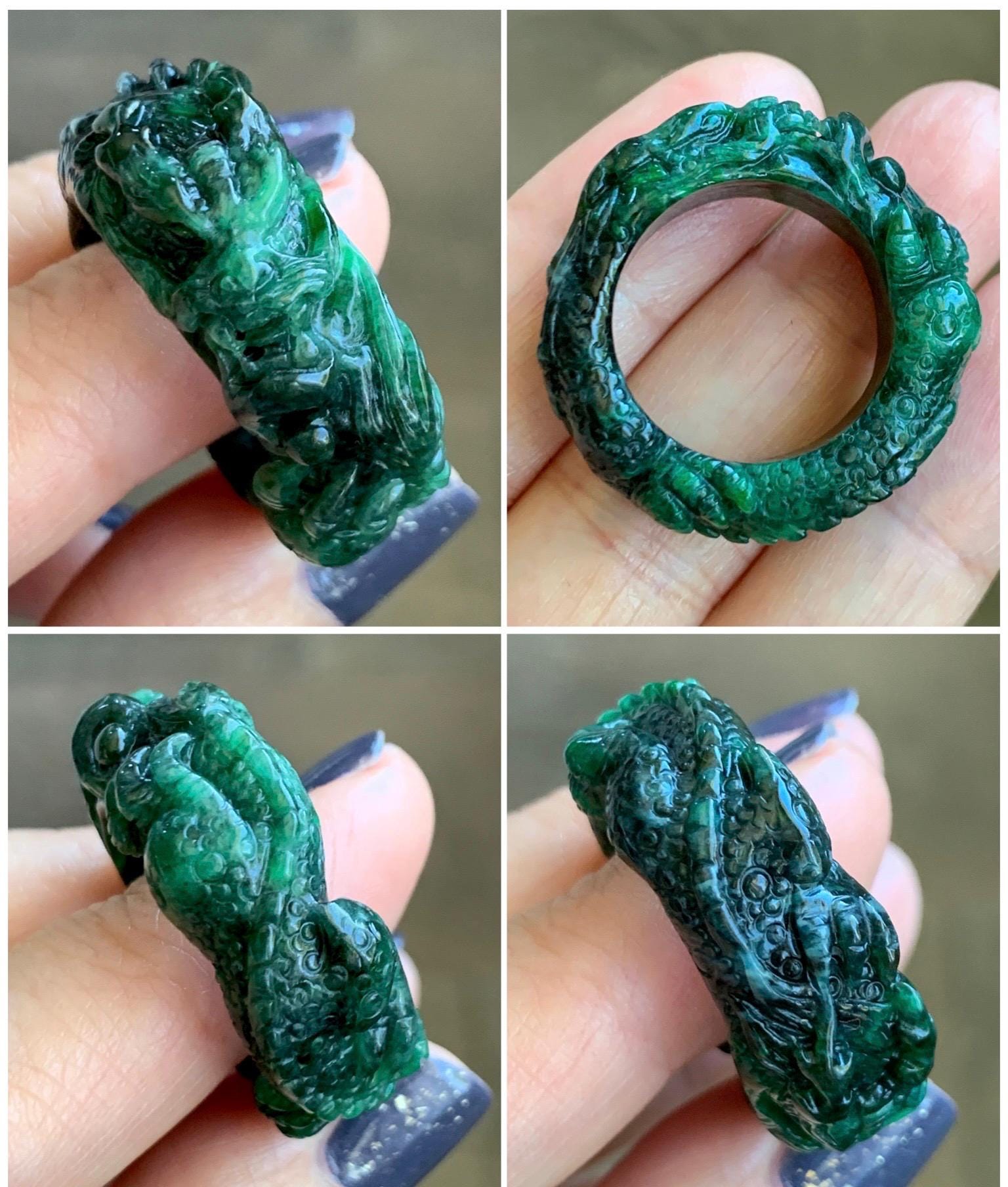 Natural Grade A Semi Translucent Green Wuji Marbled Jade Jadeite Carved Dragon Band Ring size 9.5 US 12g 天然乌鸡绿翡翠盘龙戒圈戒指扳指 LWJ165