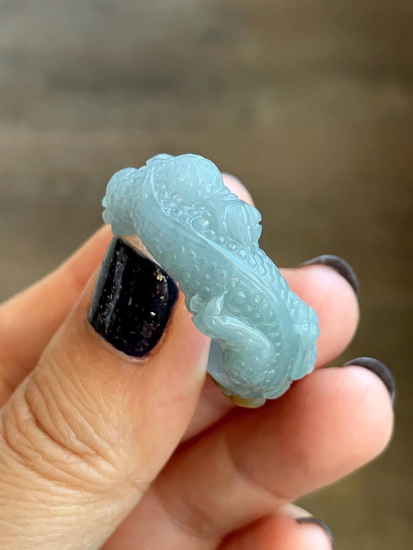 Natural Grade A Guatemalan Icy Translucent Dusty Blue Yellow Marbled Jadeite Carved Dragon Band Ring size 9.5 US 天然冰危浅蓝飘黄翡翠盘龙戒圈戒指扳指 TSW150