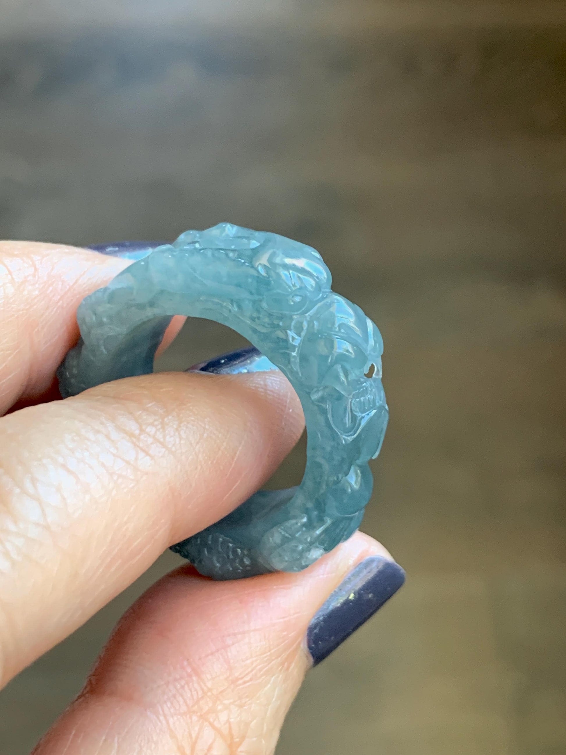 Natural Grade A Guatemalan Icy Translucent Dusty Teal Blue Jade Jadeite Carved Dragon Band Ring size 9.5 US 10g 天然冰胶危蓝翡翠盘龙戒圈戒指扳指 TSW563C