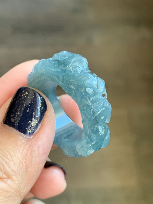Natural Grade A Guatemalan Icy Translucent Dusty Teal Blue Jade Jadeite Carved Dragon Band Ring size 9.5 US 10g 天然冰胶危蓝翡翠盘龙戒圈戒指扳指 TSW563C