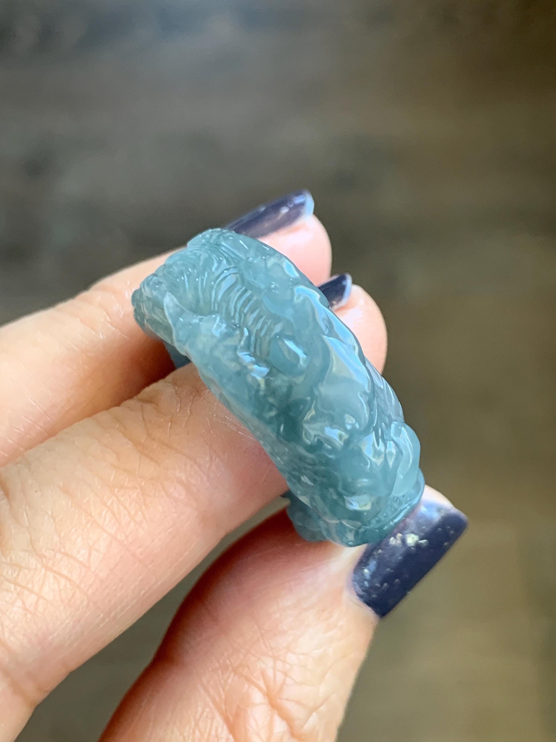 Natural Grade A Guatemalan Icy Translucent Dusty Teal Blue Jade Jadeite Carved Dragon Band Ring size 9.5 US 10g 天然冰胶危蓝翡翠盘龙戒圈戒指扳指 TSW563C