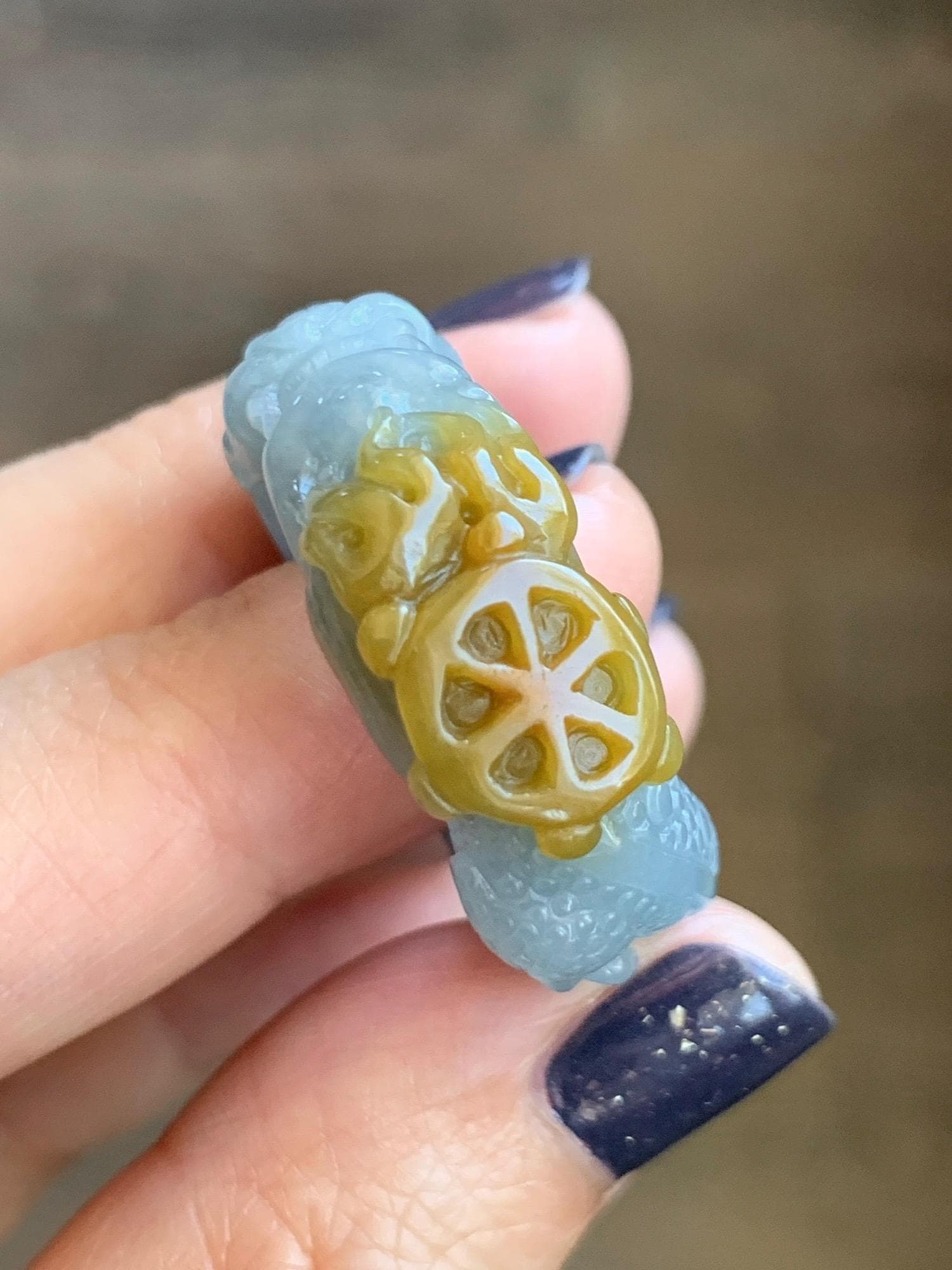 Natural Grade A Guatemalan Icy Translucent Dusty Blue Yellow Marbled Jadeite Carved Dragon Band Ring size 11 US 天然冰胶危浅蓝飘黄翡翠盘龙戒圈戒指扳指 TSW563B