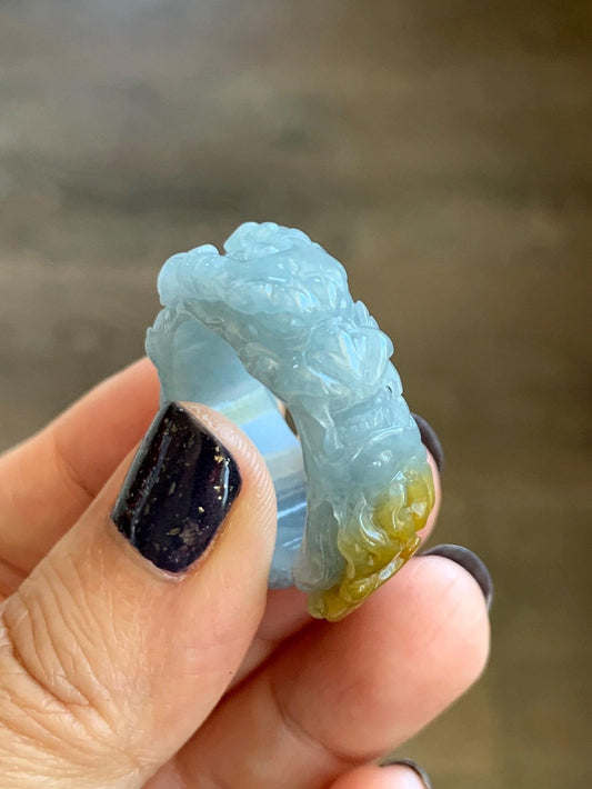 Natural Grade A Guatemalan Icy Translucent Dusty Blue Yellow Marbled Jadeite Carved Dragon Band Ring size 11 US 天然冰胶危浅蓝飘黄翡翠盘龙戒圈戒指扳指 TSW563B