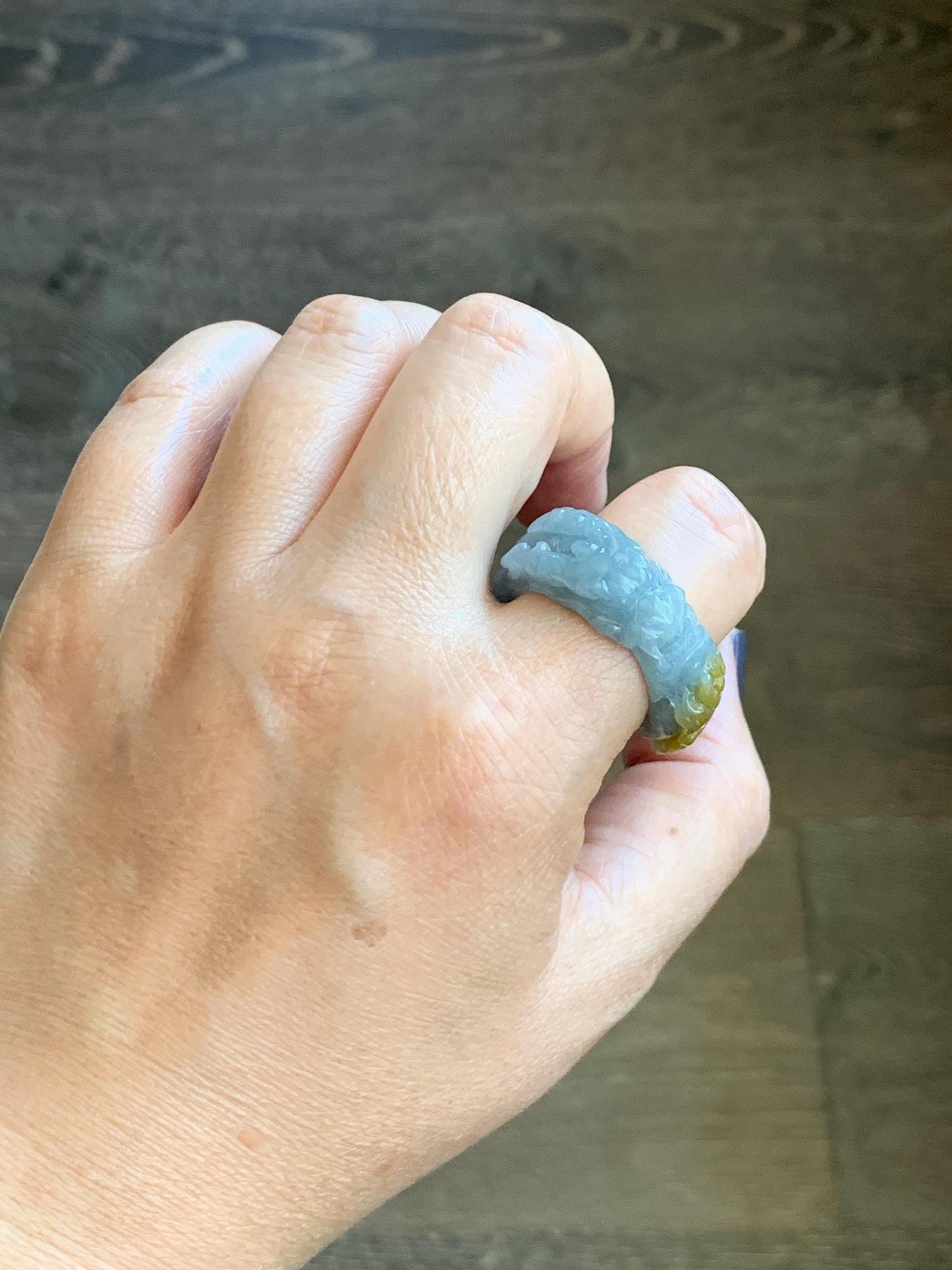Natural Grade A Guatemalan Icy Translucent Dusty Blue Yellow Marbled Jadeite Carved Dragon Band Ring size 11 US 天然冰胶危浅蓝飘黄翡翠盘龙戒圈戒指扳指 TSW563B