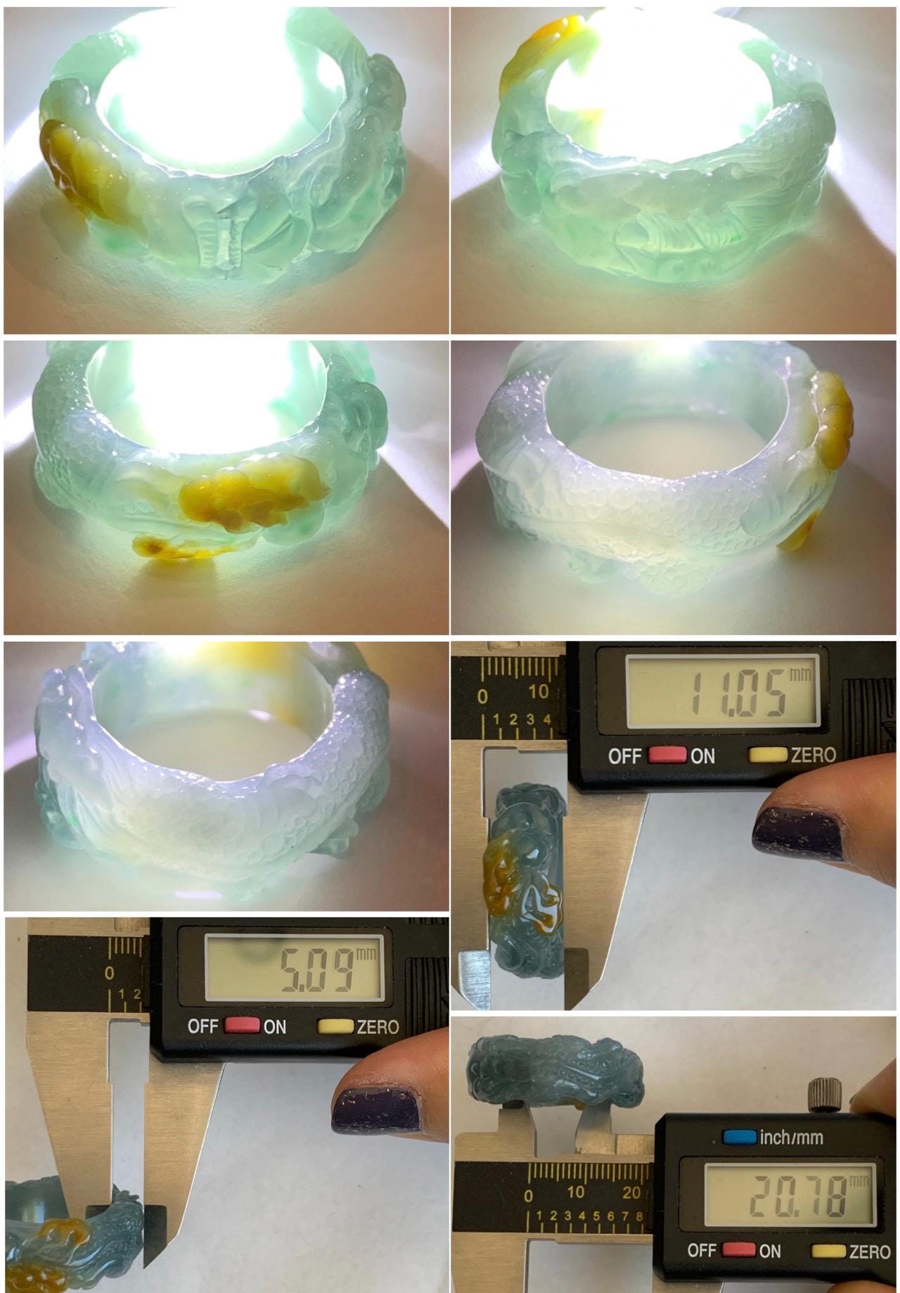 Natural Grade A Guatemalan Icy Translucent Teal Blue Yellow Marbled Jadeite Carved Dragon Band Ring size 11 US 天然冰胶危浅蓝飘黄翡翠盘龙戒圈戒指扳指 TSW563A