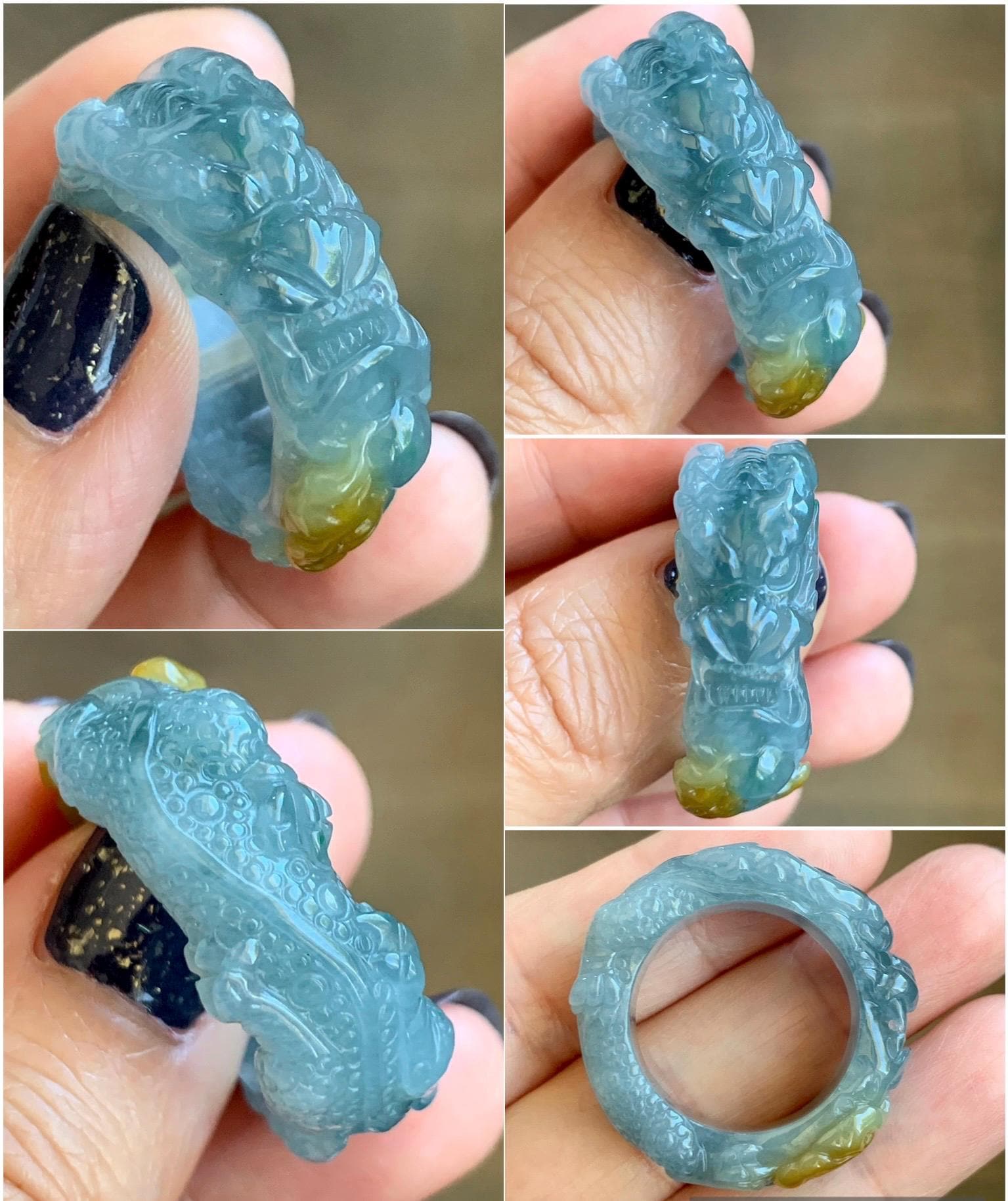 Natural Grade A Guatemalan Icy Translucent Teal Blue Yellow Marbled Jadeite Carved Dragon Band Ring size 11 US 天然冰胶危浅蓝飘黄翡翠盘龙戒圈戒指扳指 TSW563A