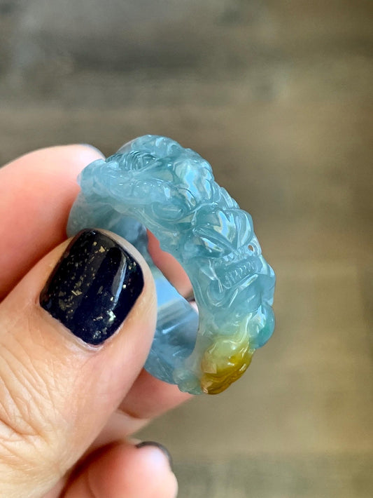 Natural Grade A Guatemalan Icy Translucent Teal Blue Yellow Marbled Jadeite Carved Dragon Band Ring size 11 US 天然冰胶危浅蓝飘黄翡翠盘龙戒圈戒指扳指 TSW563A