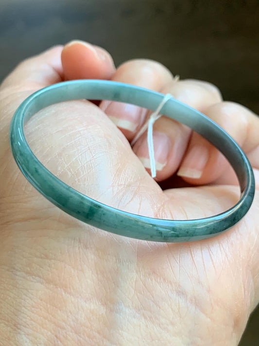 Certified Natural Grade A Guatemalan Icy Translucent Dusty Teal Blue Wuji Marbled Jadeite Slim Bangle Bracelet 52mm 6.72g 天然冰危蓝乌鸡细款翡翠手镯 7097