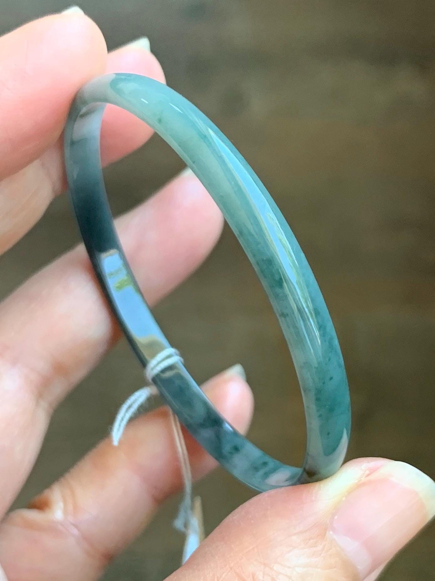 Certified Natural Grade A Guatemalan Icy Translucent Dusty Teal Blue Wuji Marbled Jadeite Slim Bangle Bracelet 52mm 6.72g 天然冰危蓝乌鸡细款翡翠手镯 7097