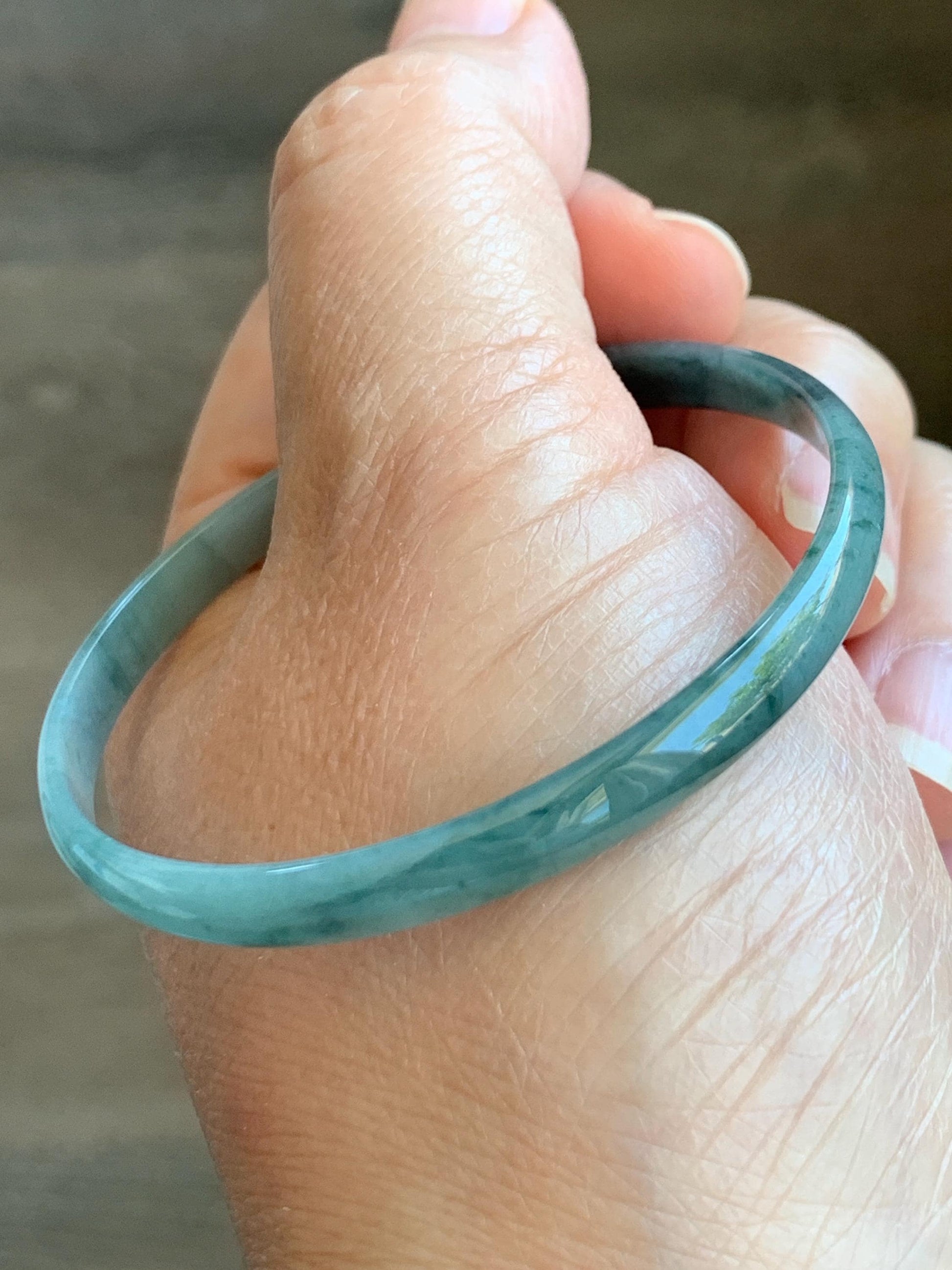Certified Natural Grade A Guatemalan Icy Translucent Dusty Teal Blue Wuji Marbled Jadeite Slim Bangle Bracelet 52mm 6.72g 天然冰危蓝乌鸡细款翡翠手镯 7097