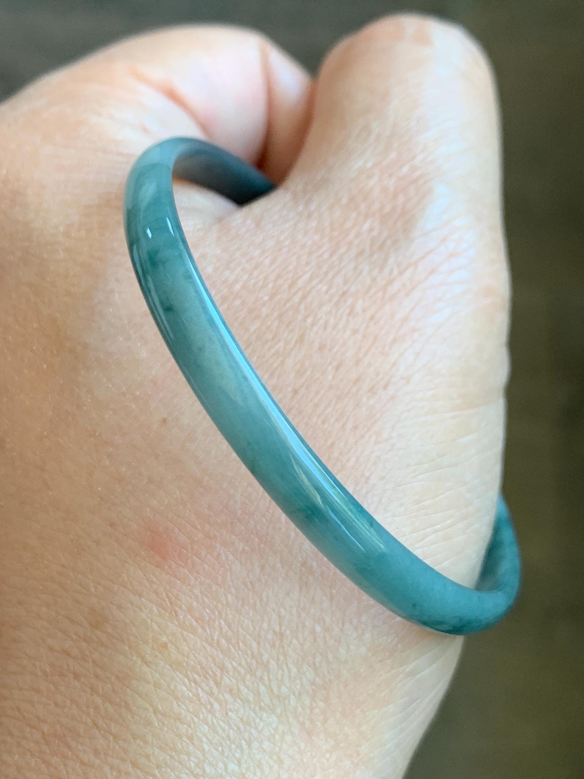 Certified Natural Grade A Guatemalan Icy Translucent Dusty Teal Blue Wuji Marbled Jadeite Slim Bangle Bracelet 52mm 6.72g 天然冰危蓝乌鸡细款翡翠手镯 7097