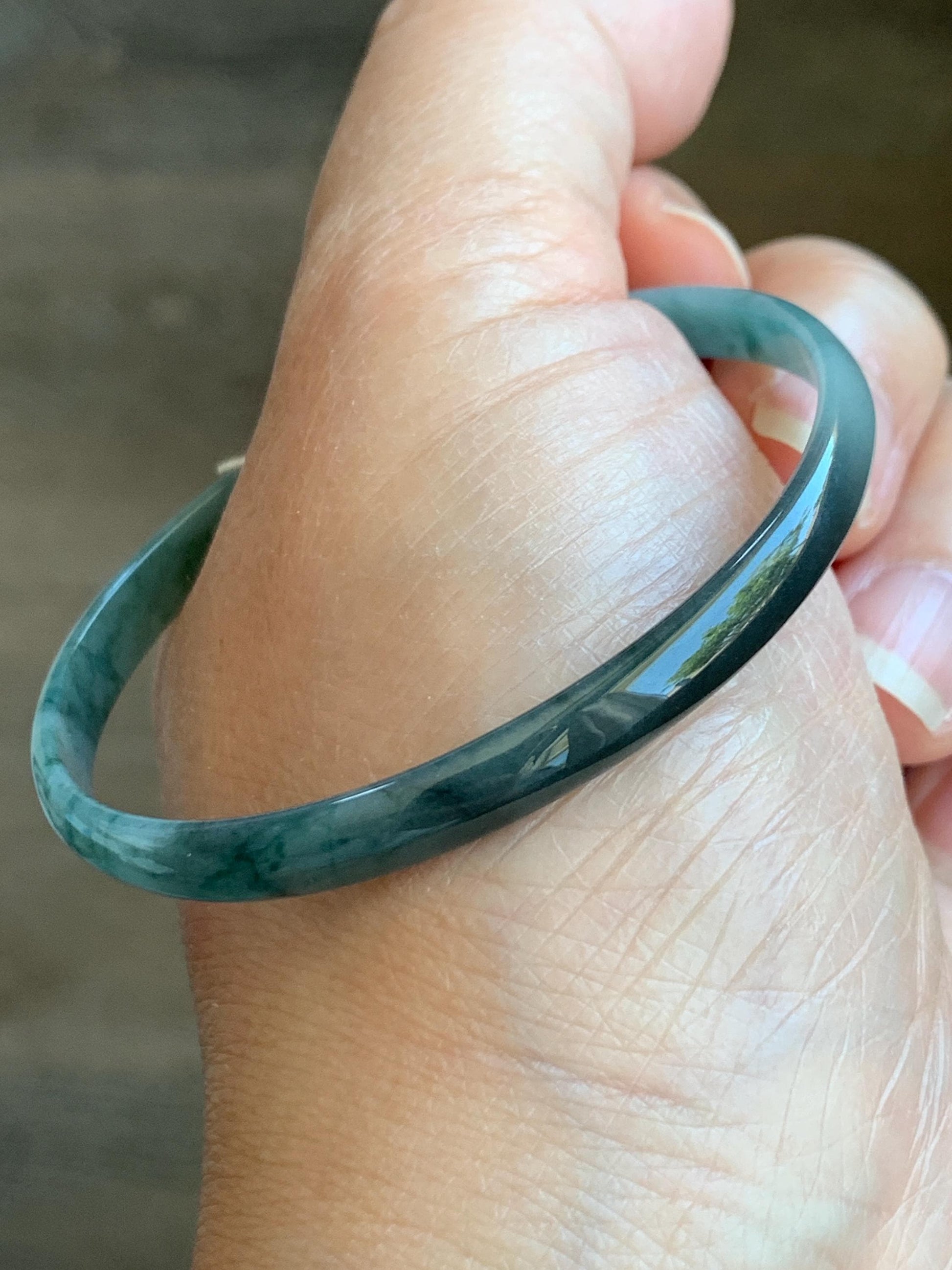 Certified Natural Grade A Guatemalan Icy Translucent Dusty Teal Blue Wuji Marbled Jadeite Slim Bangle Bracelet 52mm 6.72g 天然冰危蓝乌鸡细款翡翠手镯 7097