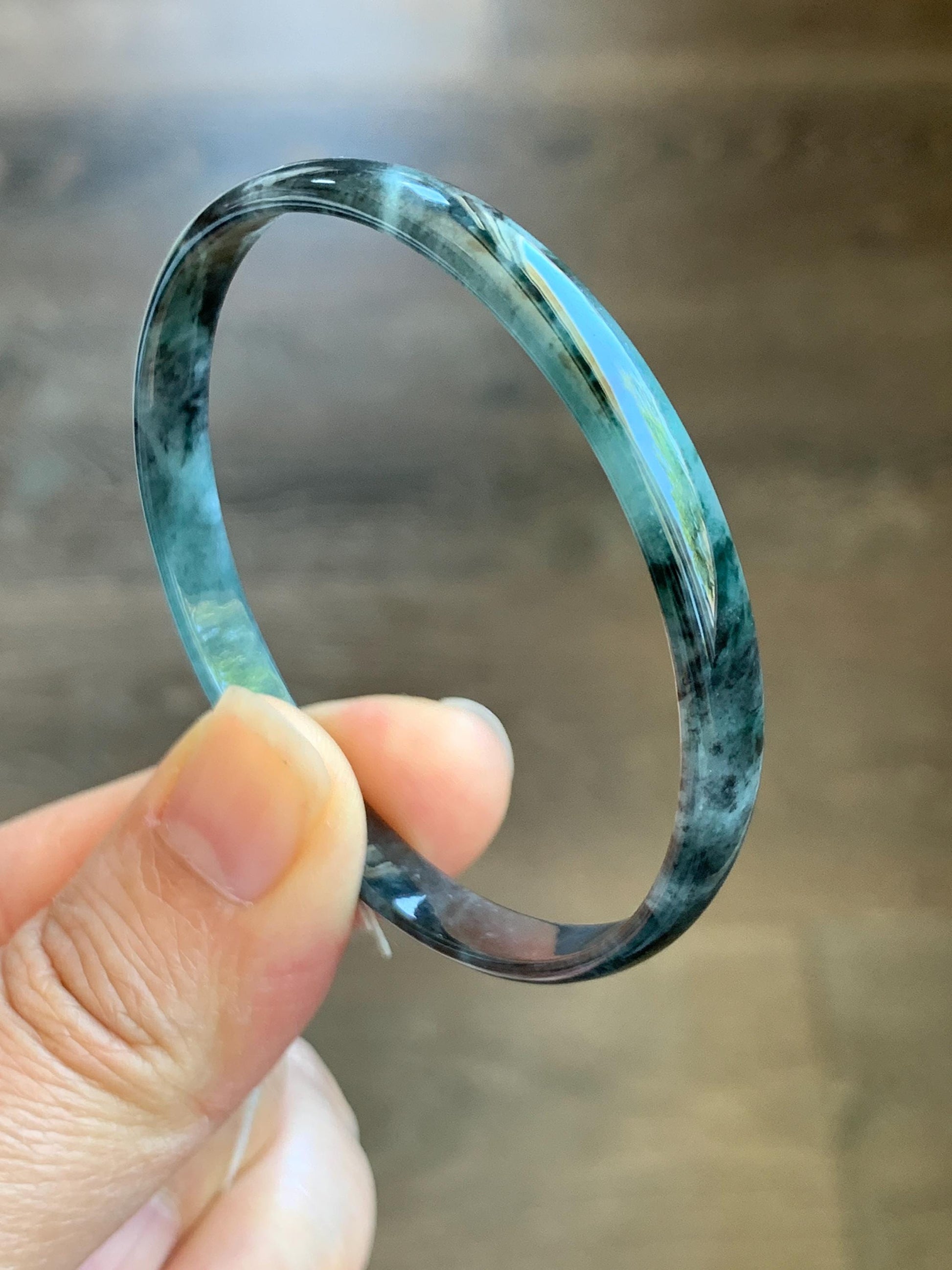 Certified Natural Grade A Guatemalan Icy Translucent Dark Teal Blue Wuji Marbled Jadeite Slim Bangle Bracelet 52.2mm 8g 天然冰危蓝乌鸡细款翡翠手镯 7098