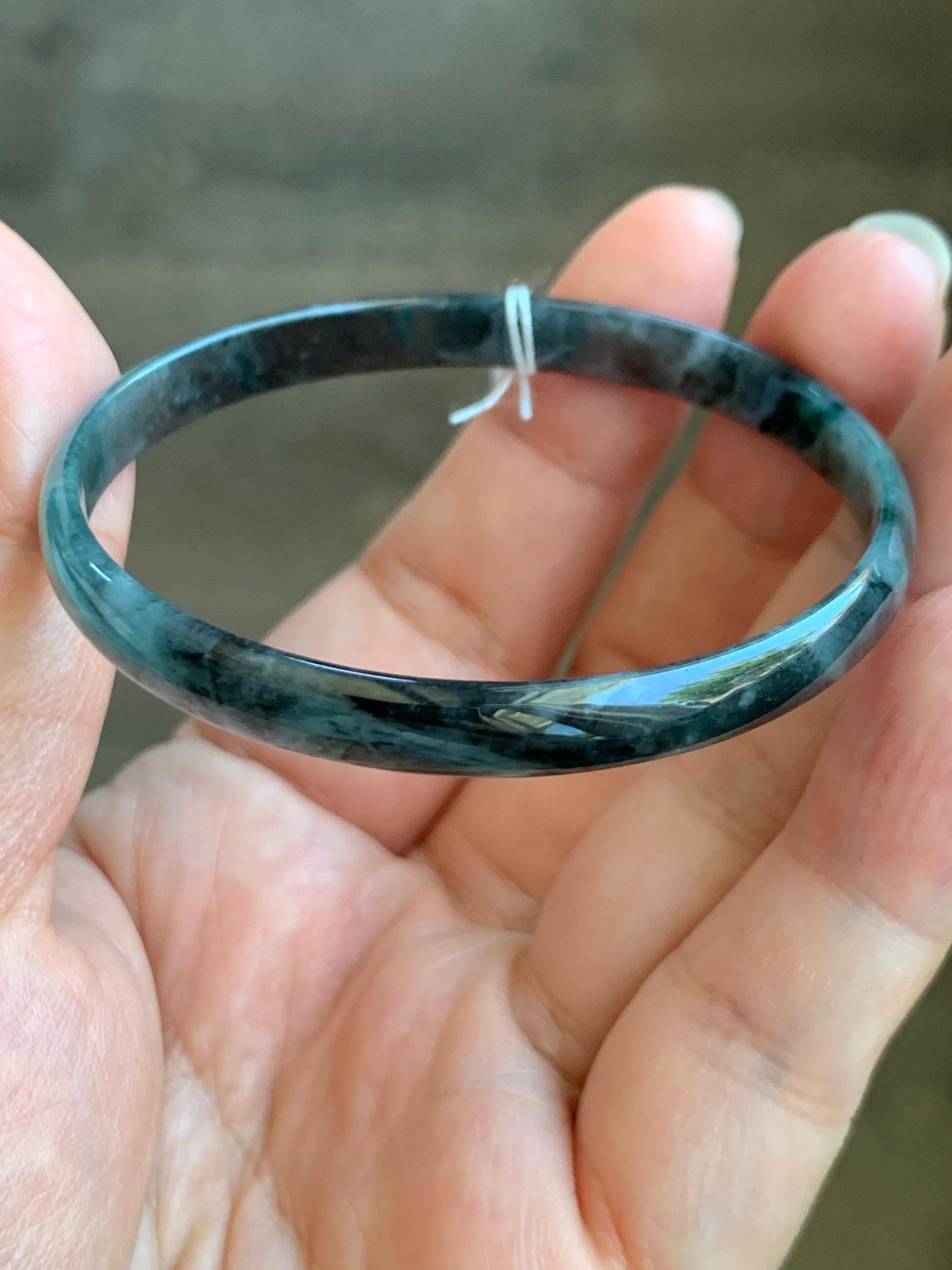 Certified Natural Grade A Guatemalan Icy Translucent Dark Teal Blue Wuji Marbled Jadeite Slim Bangle Bracelet 52.2mm 8g 天然冰危蓝乌鸡细款翡翠手镯 7098
