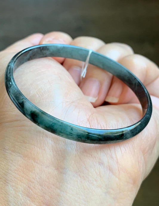 Certified Natural Grade A Guatemalan Icy Translucent Dark Teal Blue Wuji Marbled Jadeite Slim Bangle Bracelet 52.2mm 8g 天然冰危蓝乌鸡细款翡翠手镯 7098