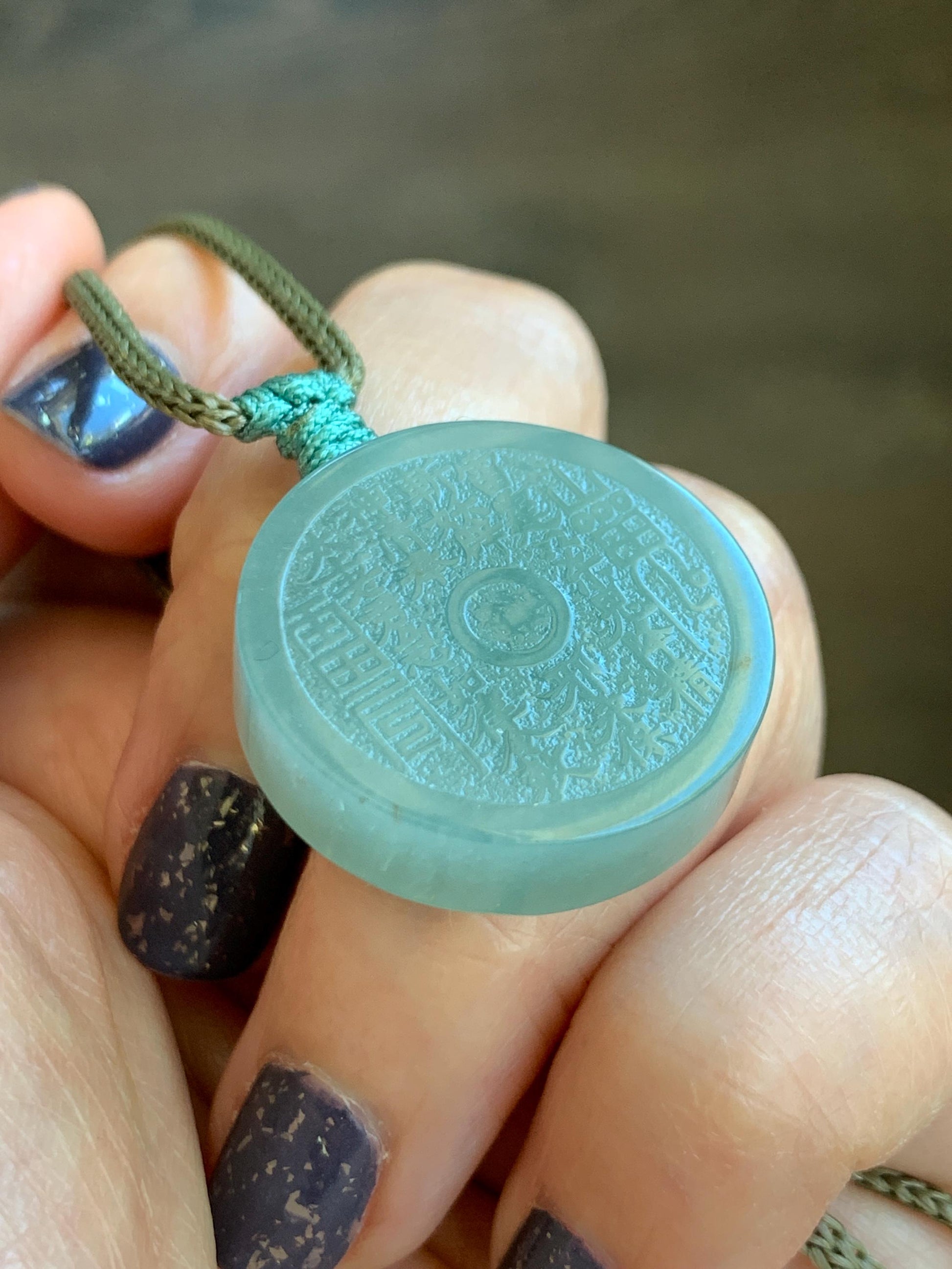 Natural Guatemalan Icy Translucent Light Green Jade Jadeite Mountain Ghost Eight Trigrams Coin Pendant Rope Necklace 天然冰危浅蓝绿翡翠精工山鬼币吊坠 PSG81A