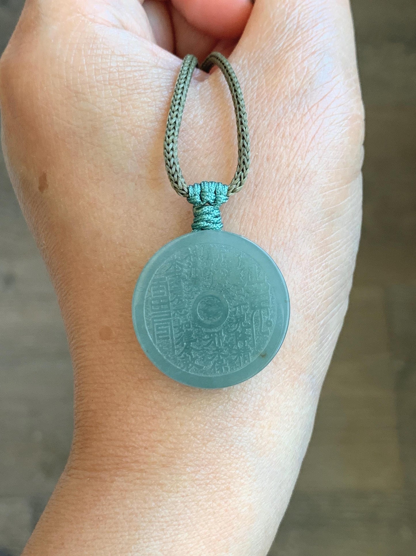 Natural Guatemalan Icy Translucent Light Green Jade Jadeite Mountain Ghost Eight Trigrams Coin Pendant Rope Necklace 天然冰危浅蓝绿翡翠精工山鬼币吊坠 PSG81A