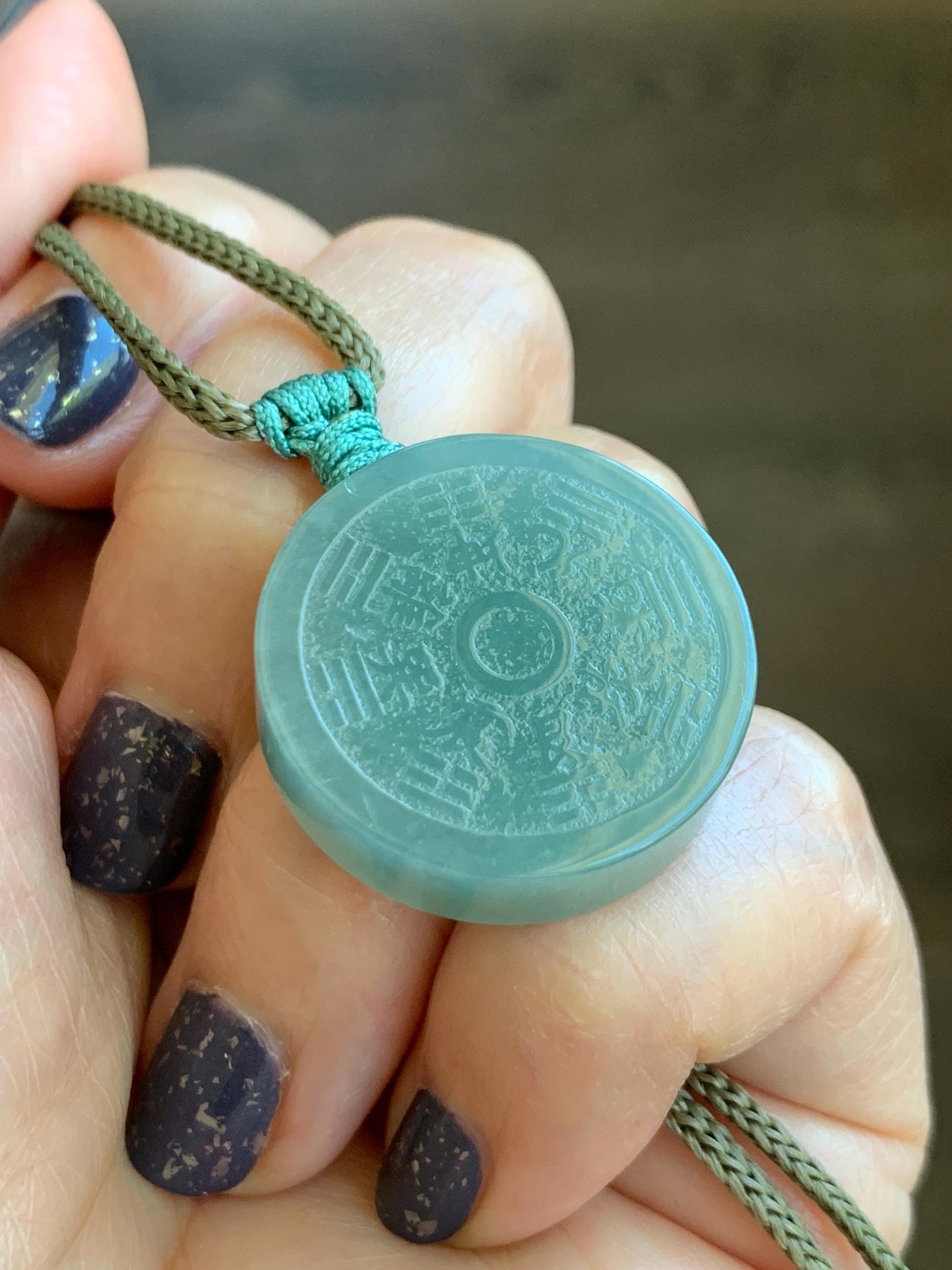 Natural Guatemalan Icy Translucent Light Green Jade Jadeite Mountain Ghost Eight Trigrams Coin Pendant Rope Necklace 天然冰危浅蓝绿翡翠精工山鬼币吊坠 PSG81A