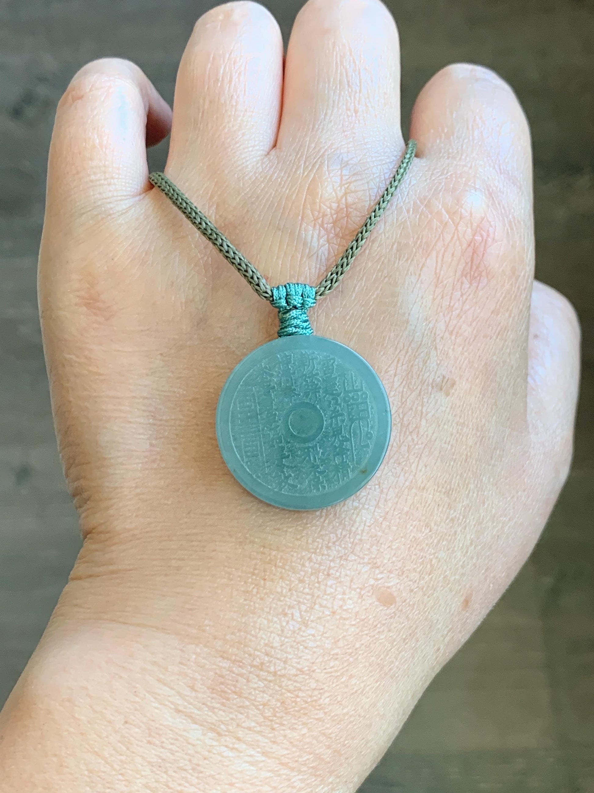 Natural Guatemalan Icy Translucent Light Green Jade Jadeite Mountain Ghost Eight Trigrams Coin Pendant Rope Necklace 天然冰危浅蓝绿翡翠精工山鬼币吊坠 PSG81A