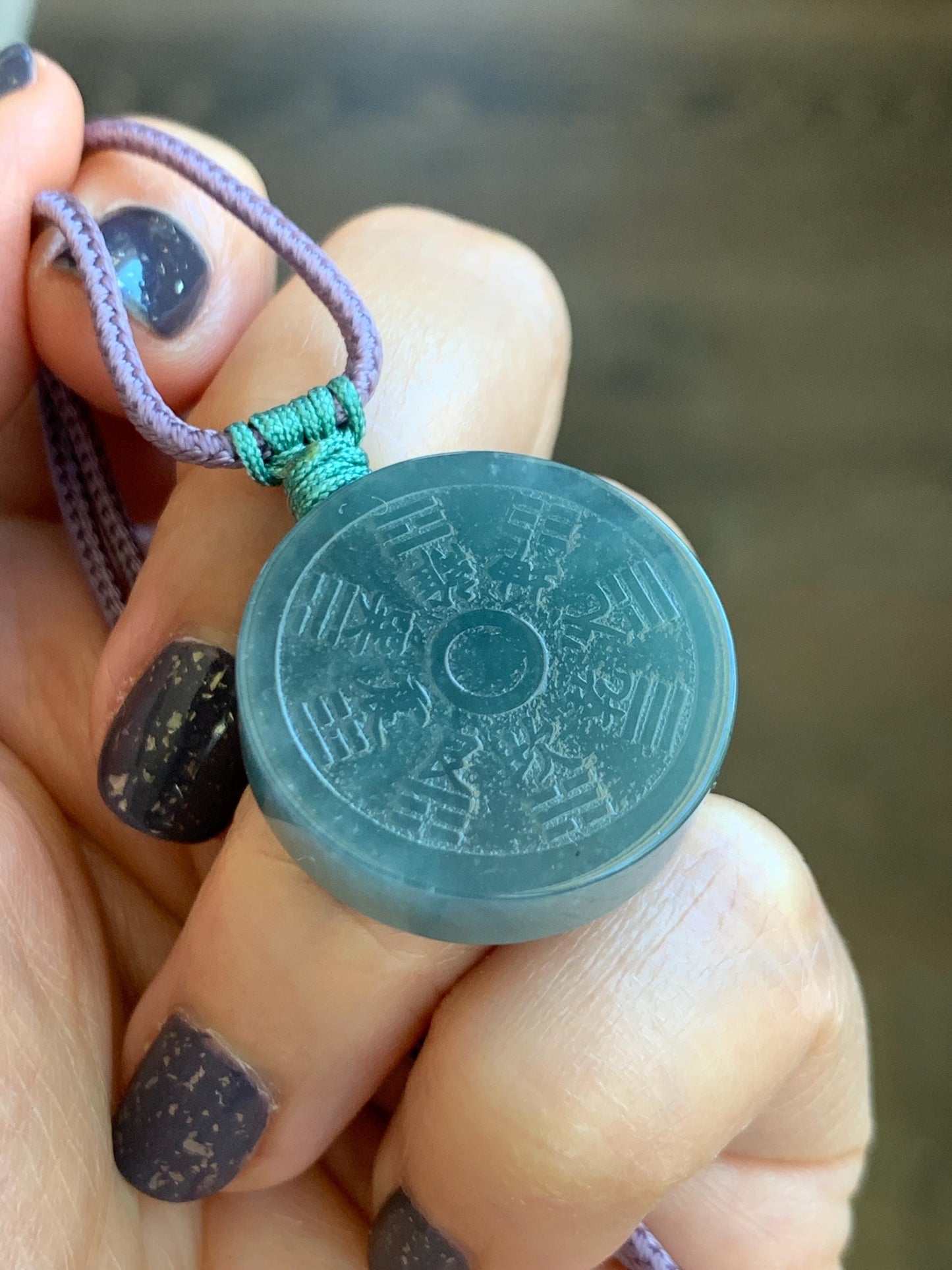 Natural Guatemalan Icy Translucent Teal Blue Jade Jadeite Mountain Ghost Eight Trigrams Coin Pendant Rope Necklace 天然冰危蓝绿翡翠精工山鬼币吊坠 PSG81C