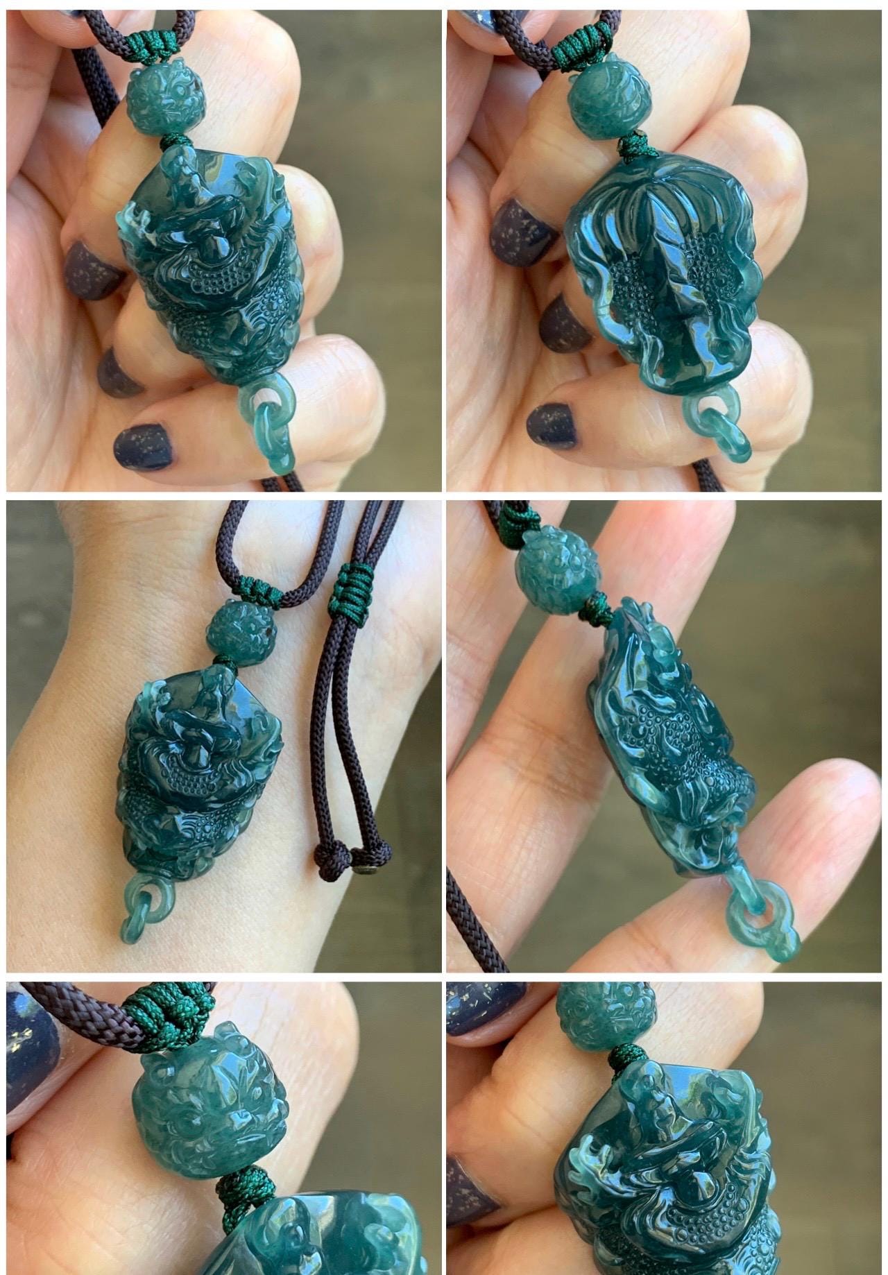 Certified Natural Guatemalan Icy Translucent Dark Teal Blue Jade Jadeite Dragon Wu Dao Pendant Rope Necklace 27.5" 15g 天然冰危深蓝翡翠精工龙头吾道吊坠 9466