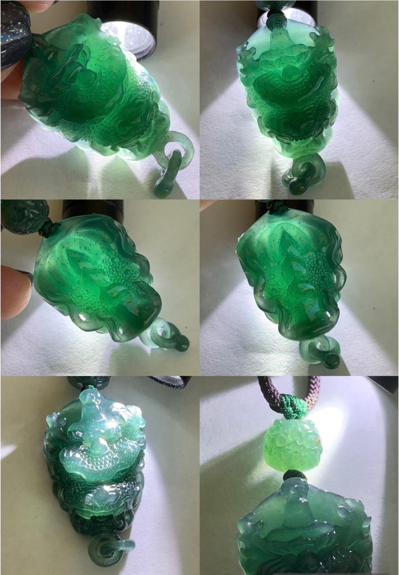 Certified Natural Guatemalan Icy Translucent Dark Teal Blue Jade Jadeite Dragon Wu Dao Pendant Rope Necklace 27.5" 15g 天然冰危深蓝翡翠精工龙头吾道吊坠 9466