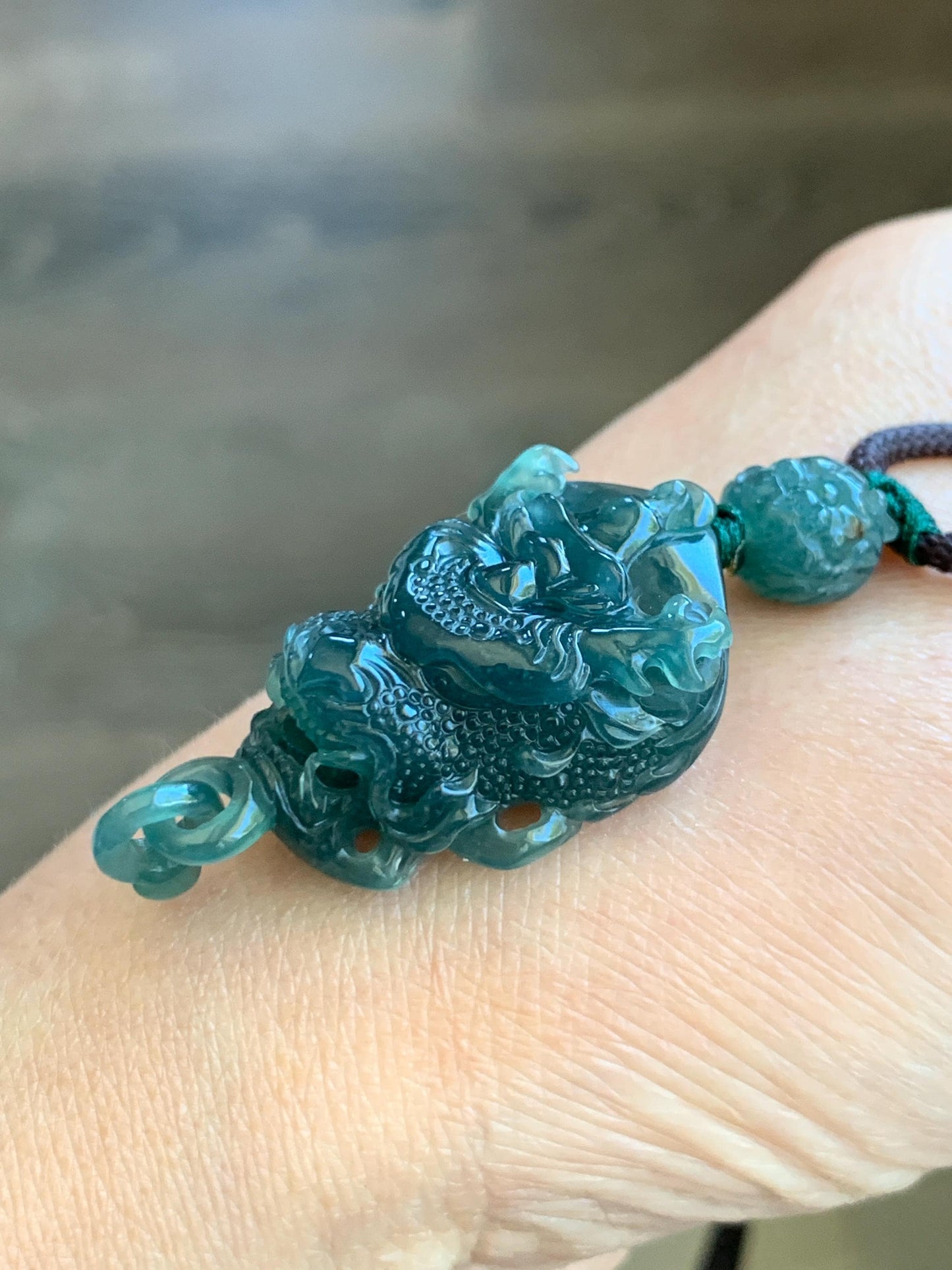 Certified Natural Guatemalan Icy Translucent Dark Teal Blue Jade Jadeite Dragon Wu Dao Pendant Rope Necklace 27.5" 15g 天然冰危深蓝翡翠精工龙头吾道吊坠 9466