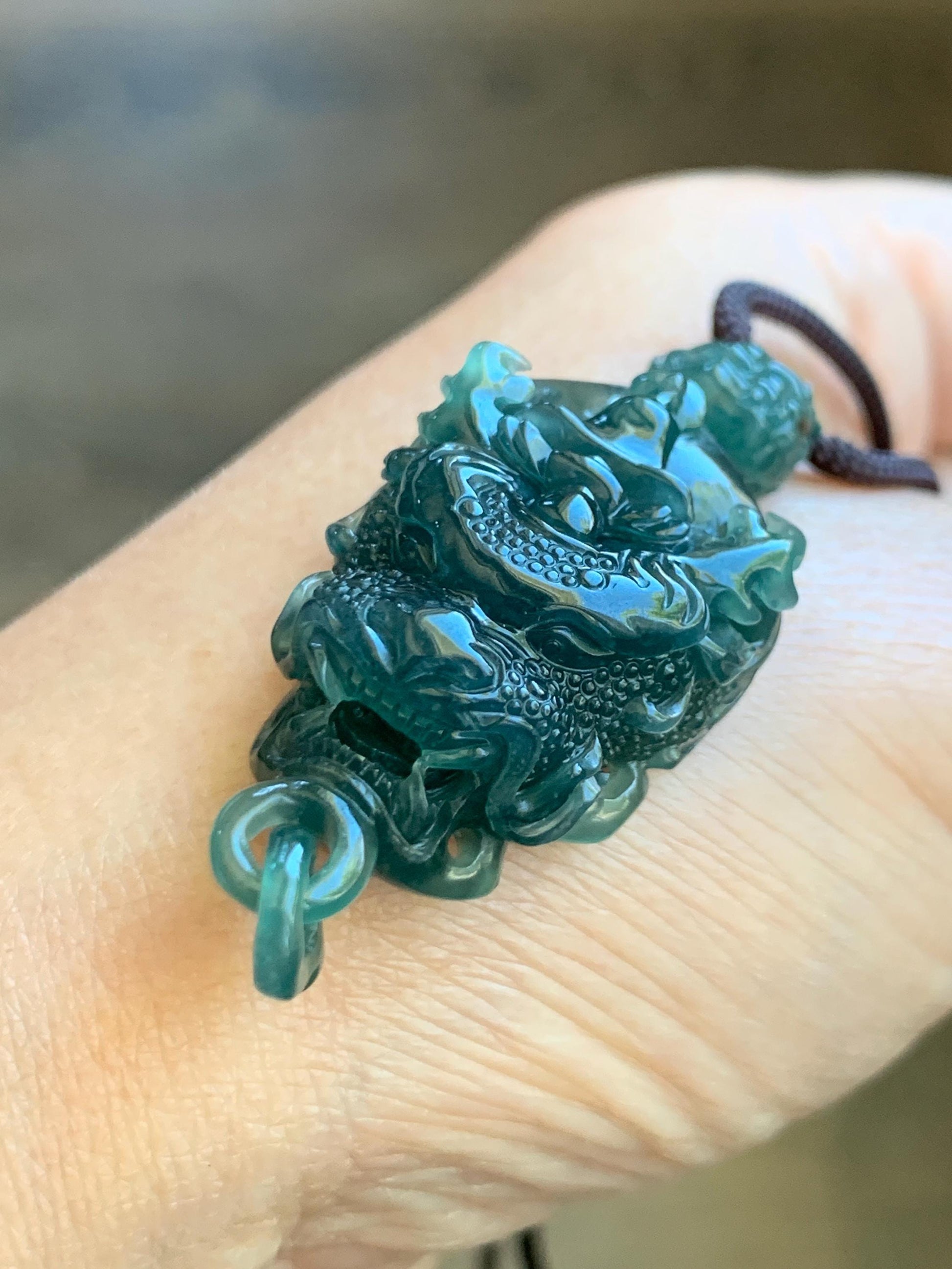 Certified Natural Guatemalan Icy Translucent Dark Teal Blue Jade Jadeite Dragon Wu Dao Pendant Rope Necklace 27.5" 15g 天然冰危深蓝翡翠精工龙头吾道吊坠 9466