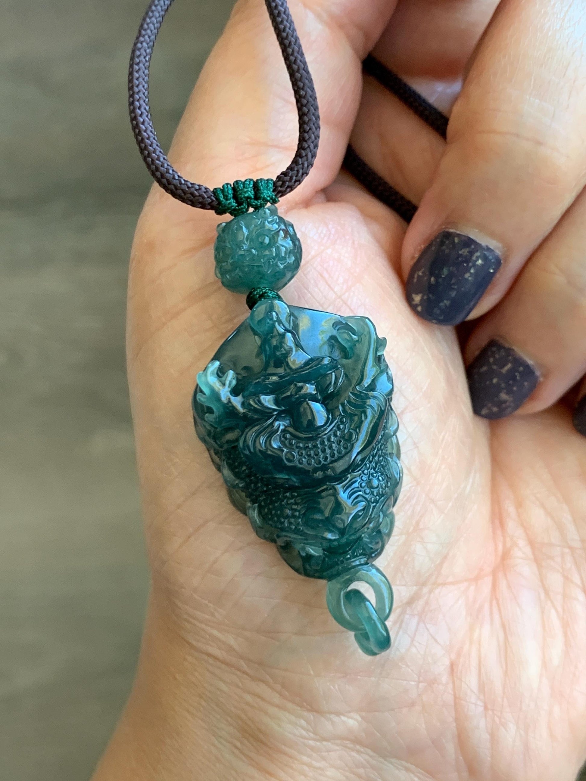 Certified Natural Guatemalan Icy Translucent Dark Teal Blue Jade Jadeite Dragon Wu Dao Pendant Rope Necklace 27.5" 15g 天然冰危深蓝翡翠精工龙头吾道吊坠 9466