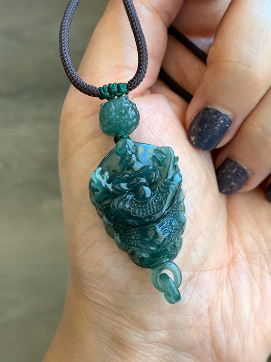 Certified Natural Guatemalan Icy Translucent Dark Teal Blue Jade Jadeite Dragon Wu Dao Pendant Rope Necklace 27.5" 15g 天然冰危深蓝翡翠精工龙头吾道吊坠 9466
