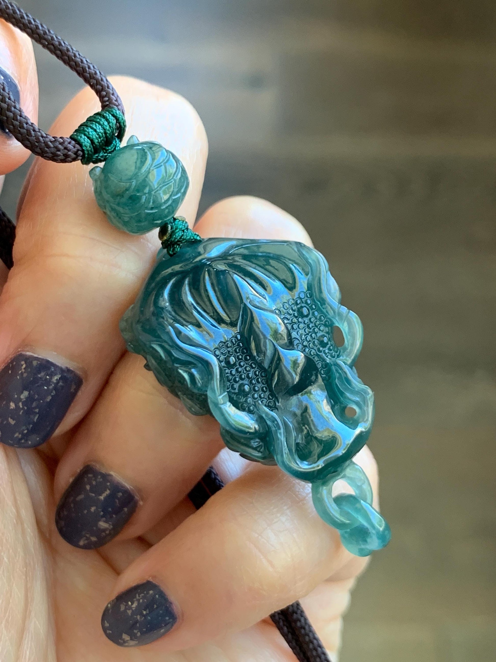 Certified Natural Guatemalan Icy Translucent Dark Teal Blue Jade Jadeite Dragon Wu Dao Pendant Rope Necklace 27.5" 15g 天然冰危深蓝翡翠精工龙头吾道吊坠 9466