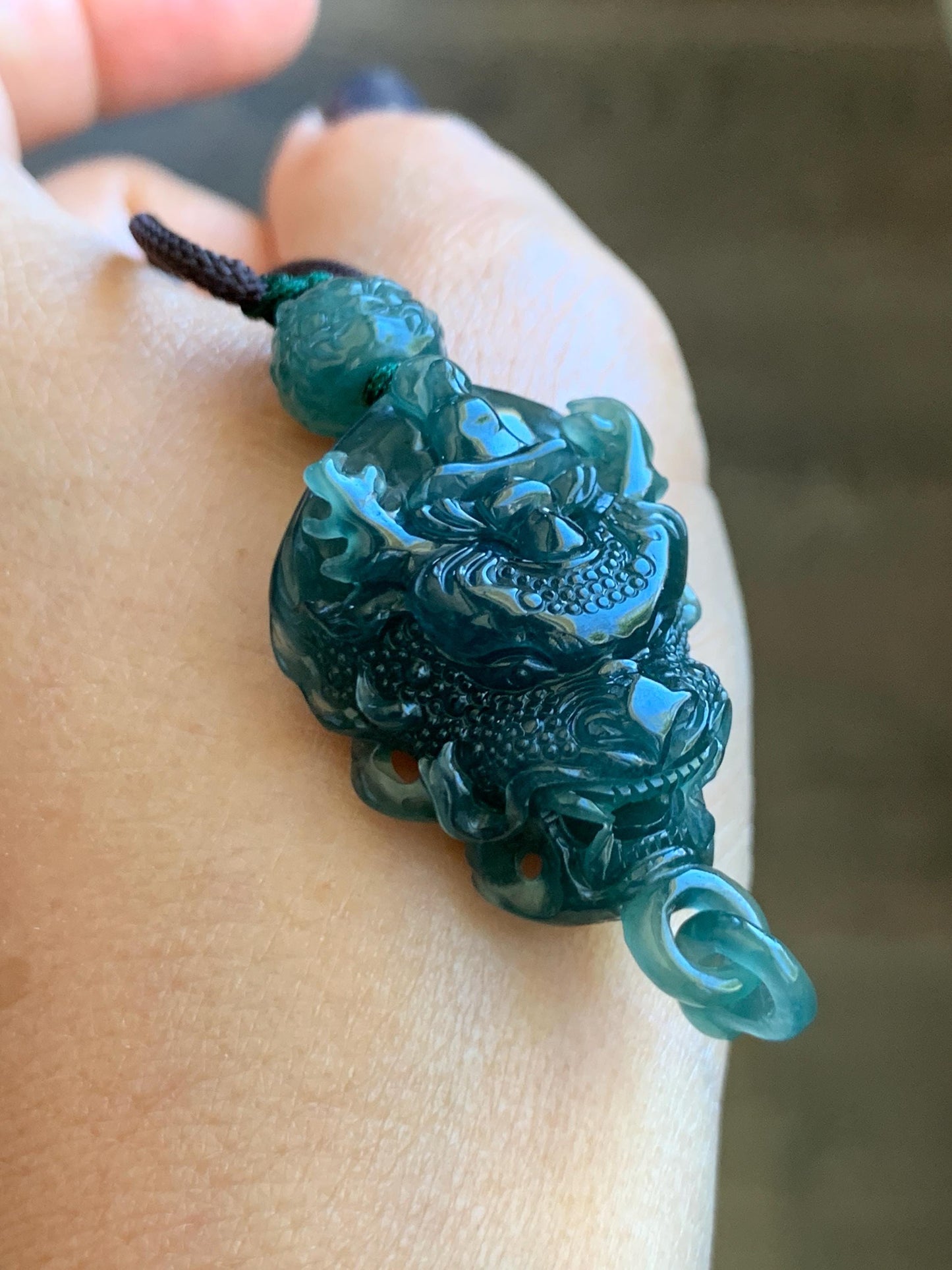 Certified Natural Guatemalan Icy Translucent Dark Teal Blue Jade Jadeite Dragon Wu Dao Pendant Rope Necklace 27.5" 15g 天然冰危深蓝翡翠精工龙头吾道吊坠 9466