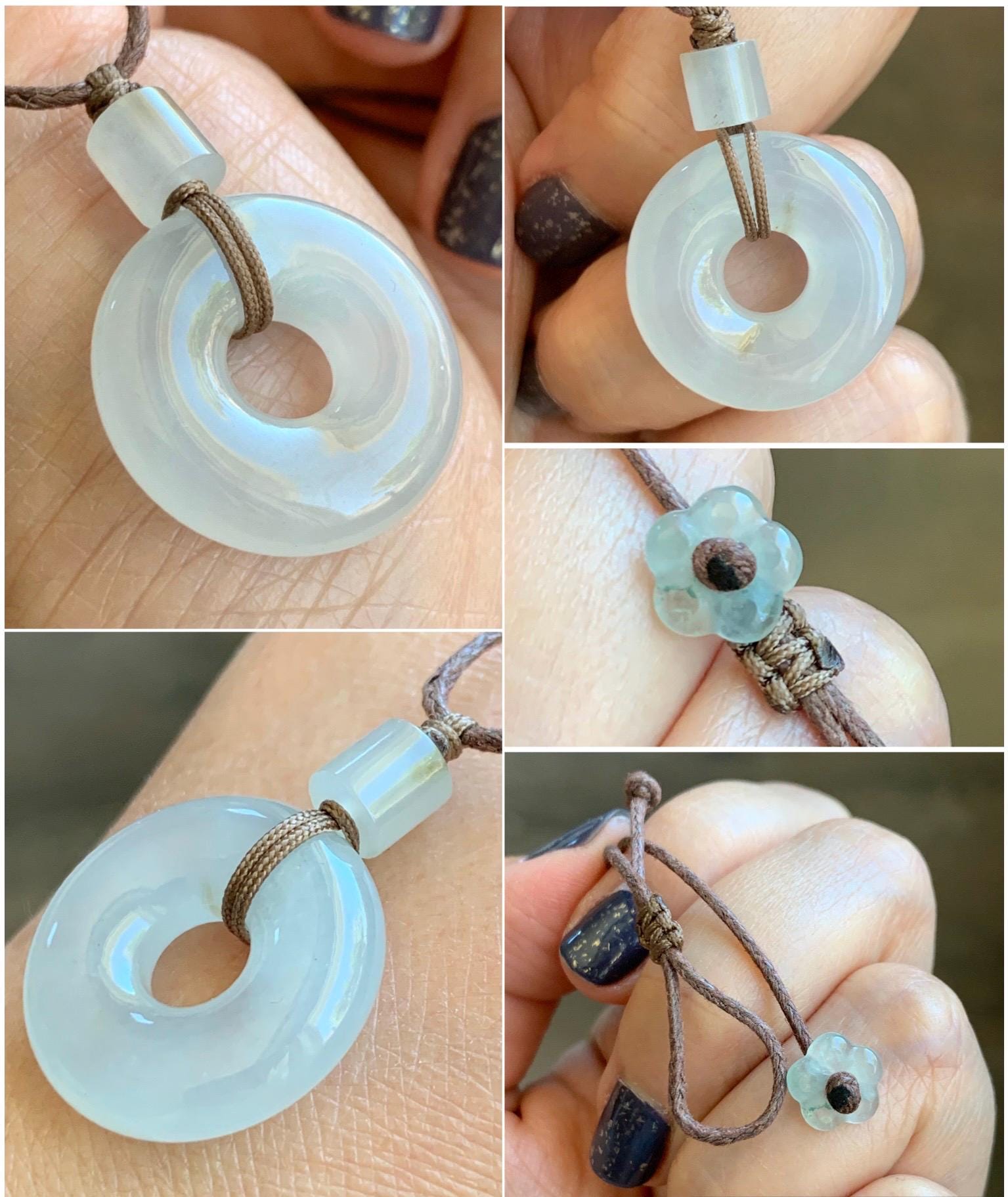Certified Natural Grade A Icy Highly Translucent Gelatinous White Jadeite Ping An Kou Donut Pendant Rope Necklace 18” 天然老种冰胶翡翠平安扣吊坠 9430