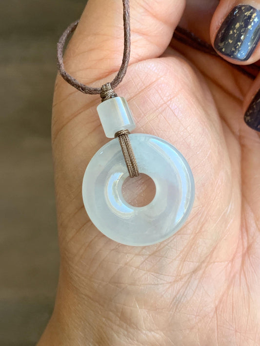 Certified Natural Grade A Icy Highly Translucent Gelatinous White Jadeite Ping An Kou Donut Pendant Rope Necklace 18” 天然老种冰胶翡翠平安扣吊坠 9430