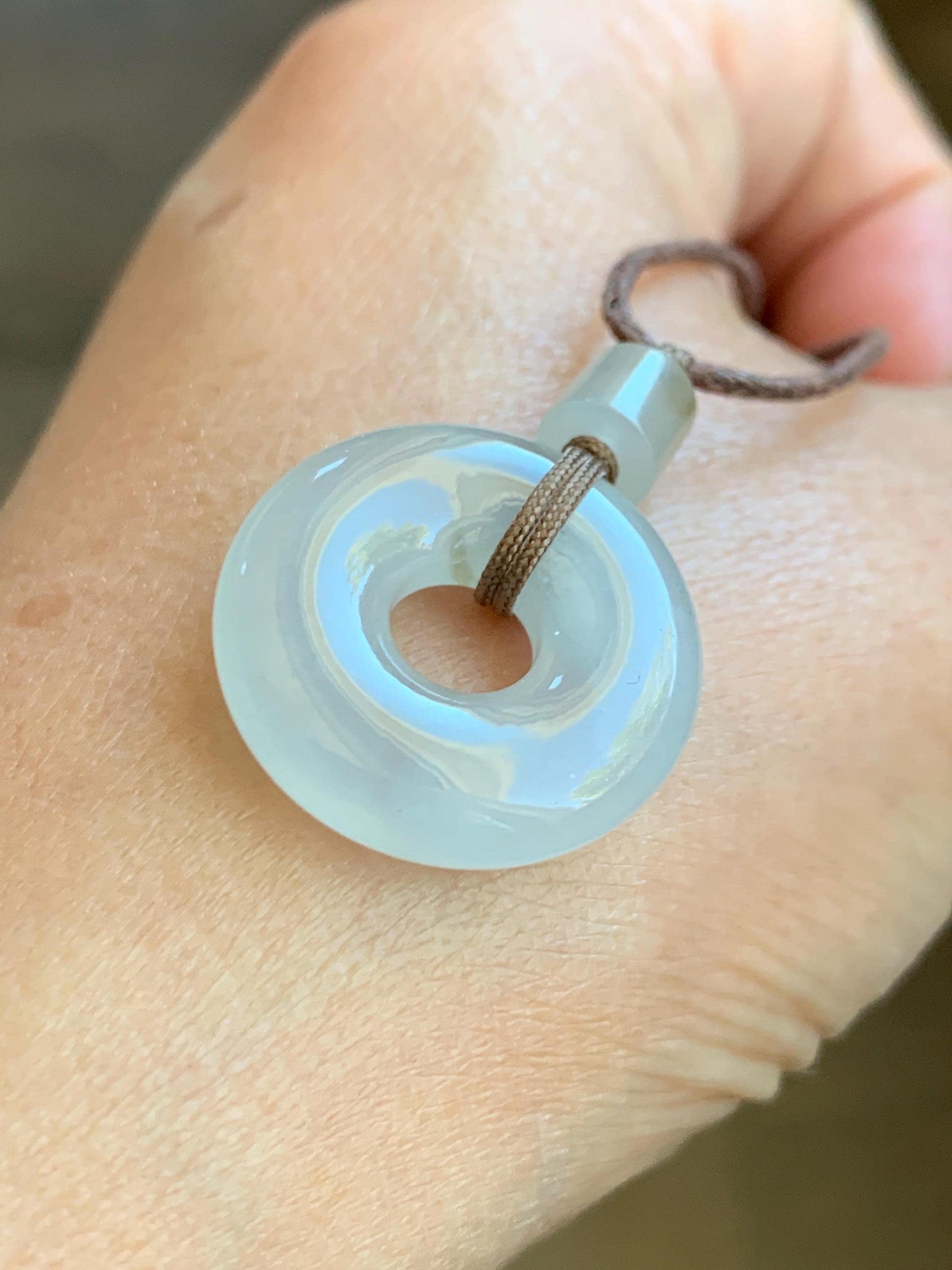 Certified Natural Grade A Icy Highly Translucent Gelatinous White Jadeite Ping An Kou Donut Pendant Rope Necklace 18” 天然老种冰胶翡翠平安扣吊坠 9430