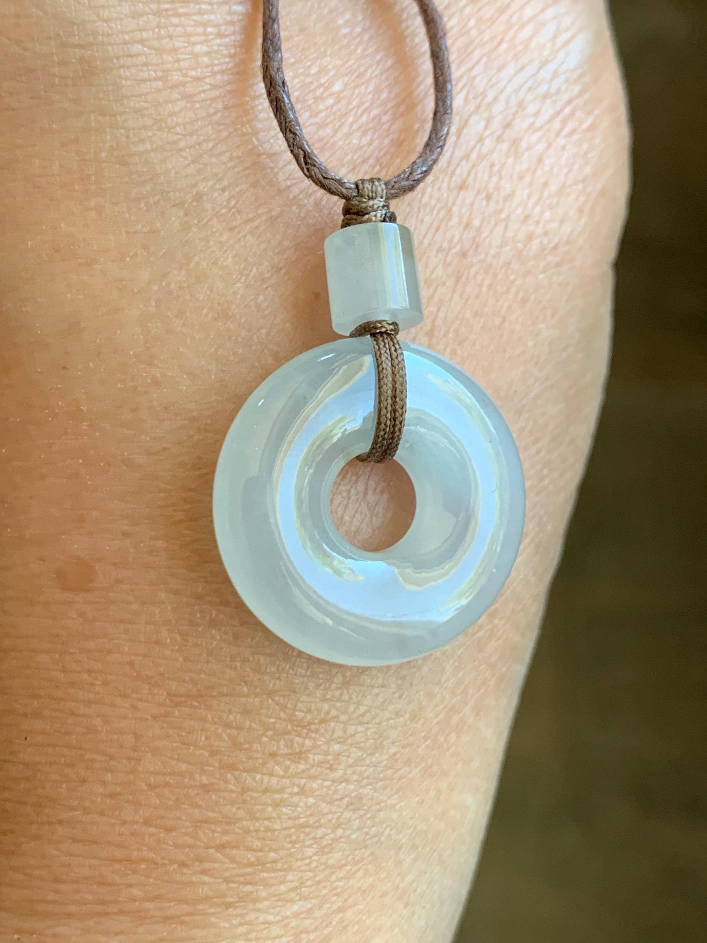 Certified Natural Grade A Icy Highly Translucent Gelatinous White Jadeite Ping An Kou Donut Pendant Rope Necklace 18” 天然老种冰胶翡翠平安扣吊坠 9430