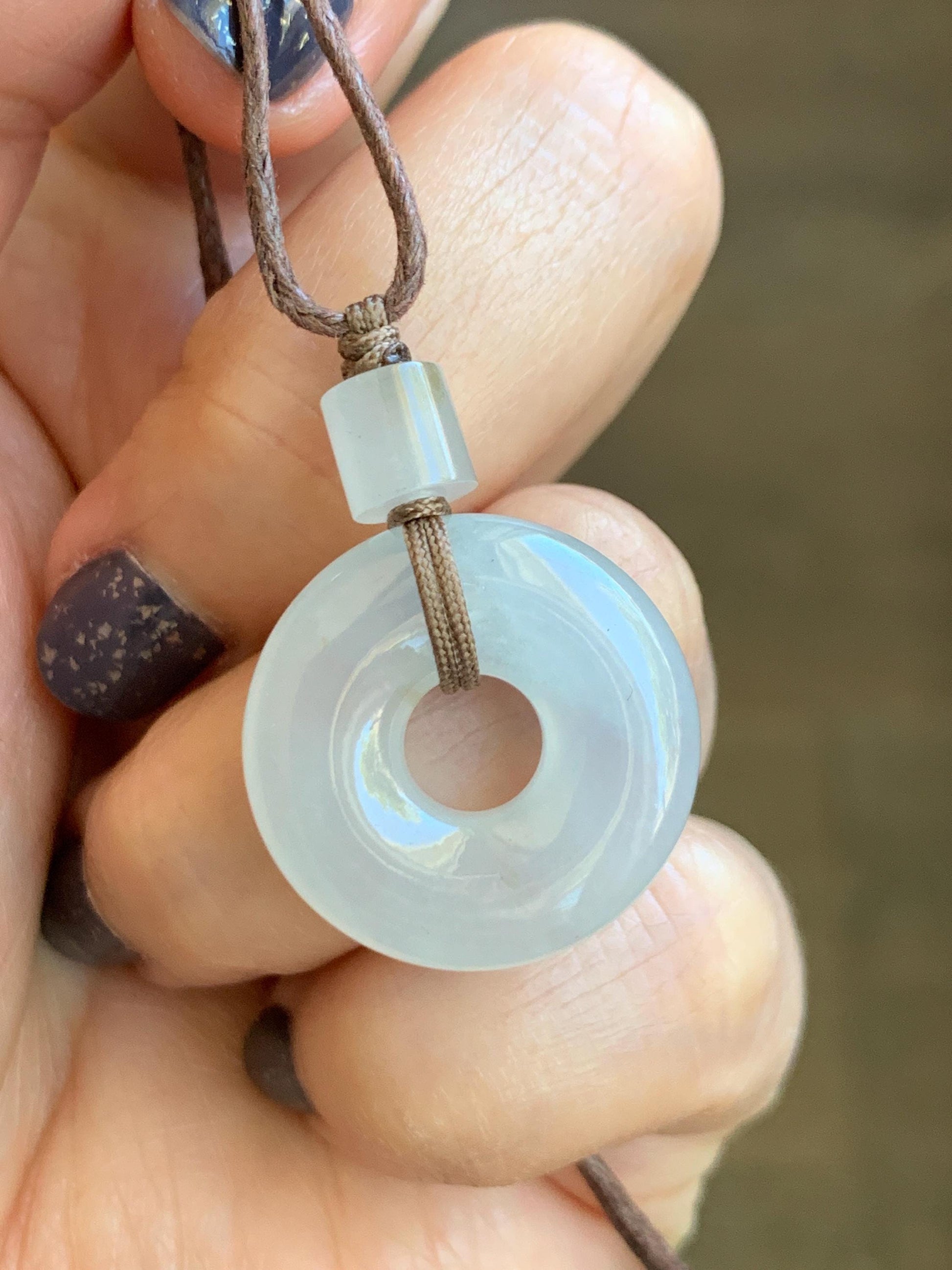 Certified Natural Grade A Icy Highly Translucent Gelatinous White Jadeite Ping An Kou Donut Pendant Rope Necklace 18” 天然老种冰胶翡翠平安扣吊坠 9430
