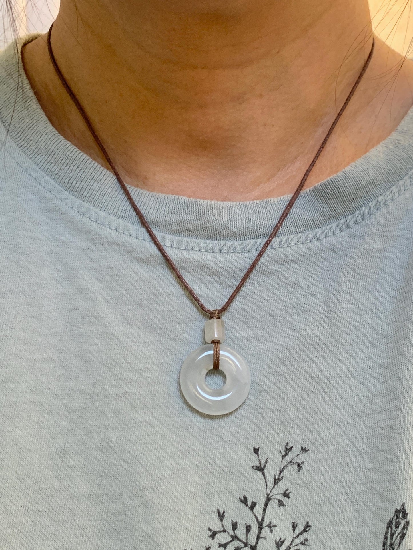 Certified Natural Grade A Icy Highly Translucent Gelatinous White Jadeite Ping An Kou Donut Pendant Rope Necklace 18” 天然老种冰胶翡翠平安扣吊坠 9430