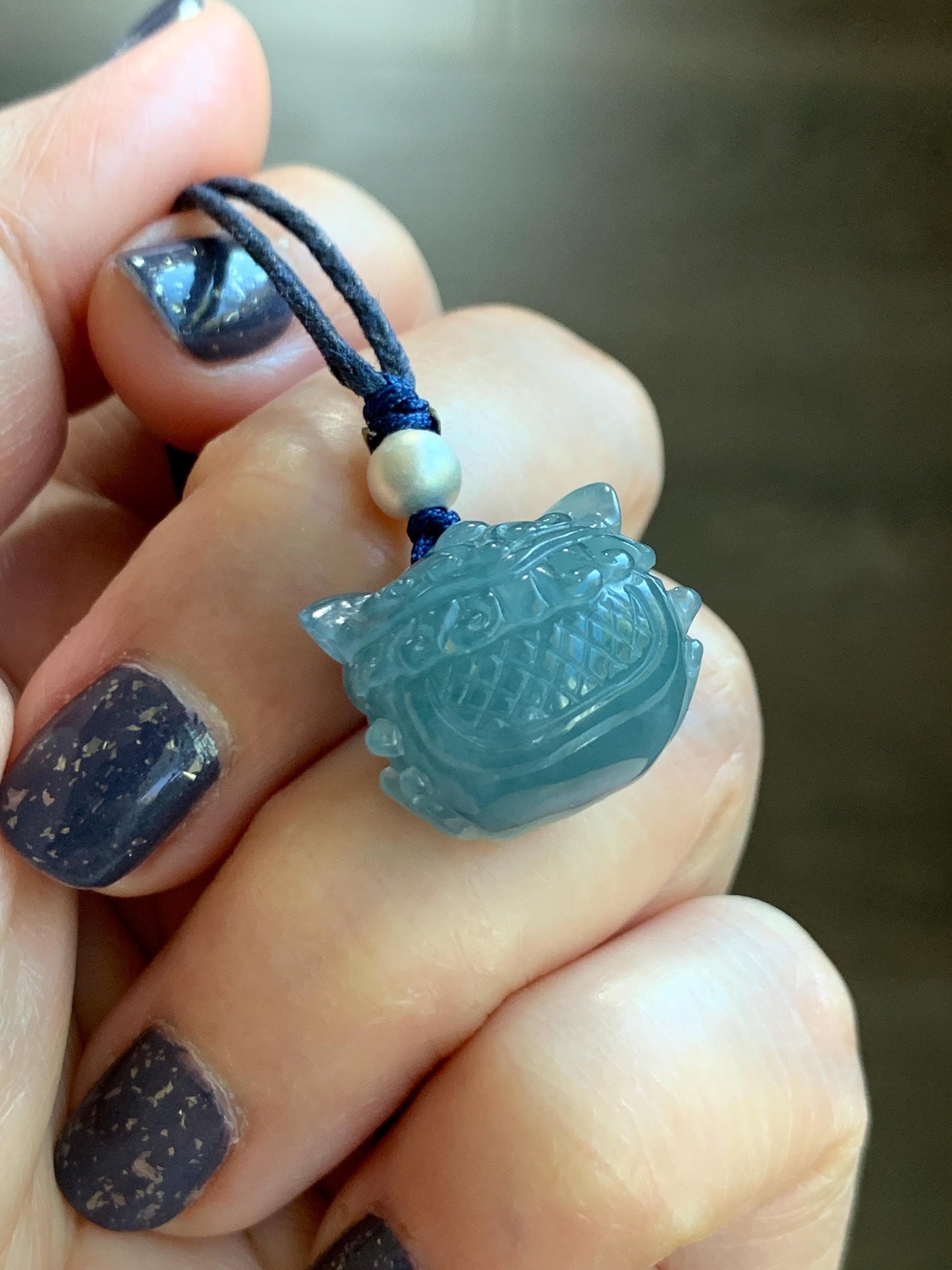 Natural Grade A Guatemalan Icy Highly Translucent Gelatinous Blue Jadeite Dancing Lion Pendant Rope Necklace 26” 8g 天然老种冰胶危蓝翡翠醒狮吊坠 WXS98